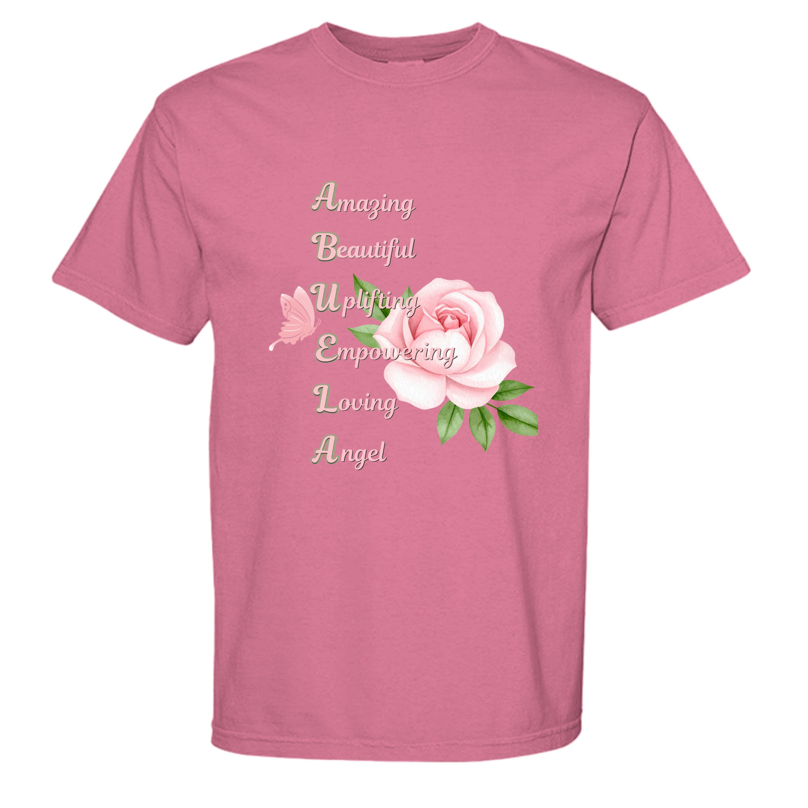 Pink t-shirt with floral design and text on a white background