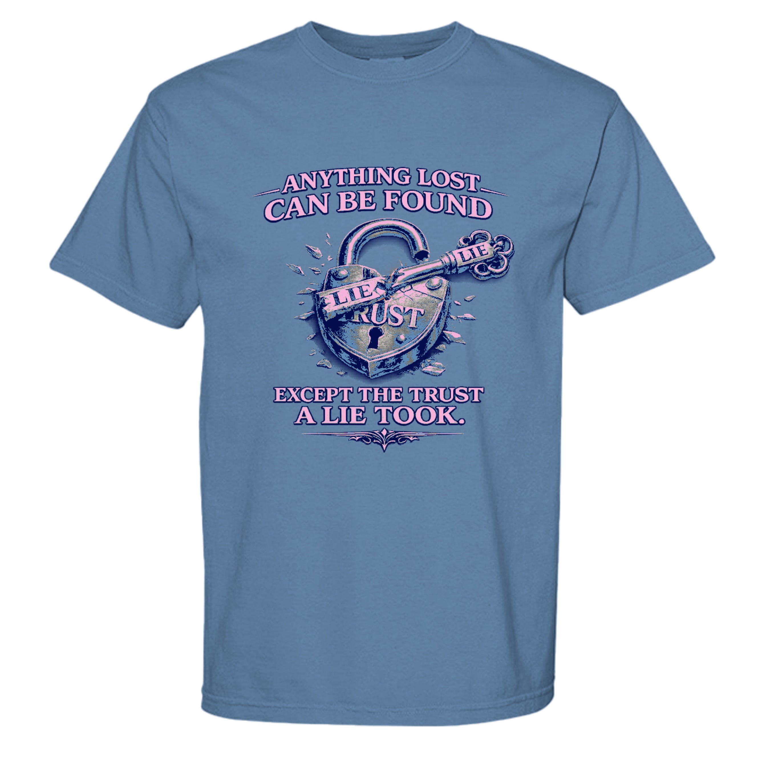 Blue t-shirt with a graphic design and text on a white background