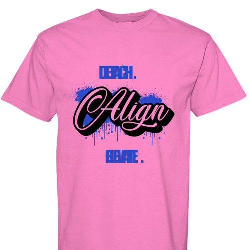 Pink t-shirt with black and blue graphic text on a white background