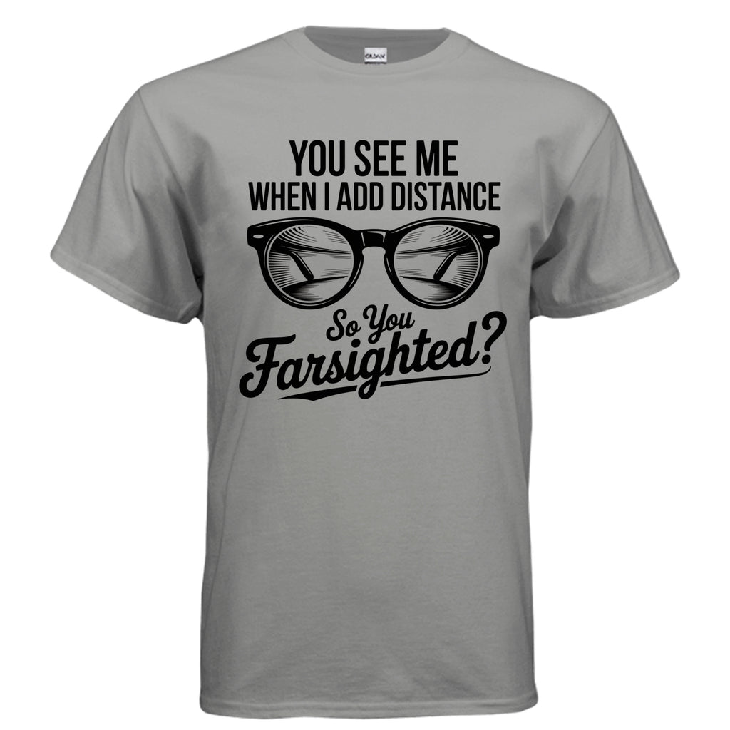 Gray t-shirt with black text and glasses graphic on a white background