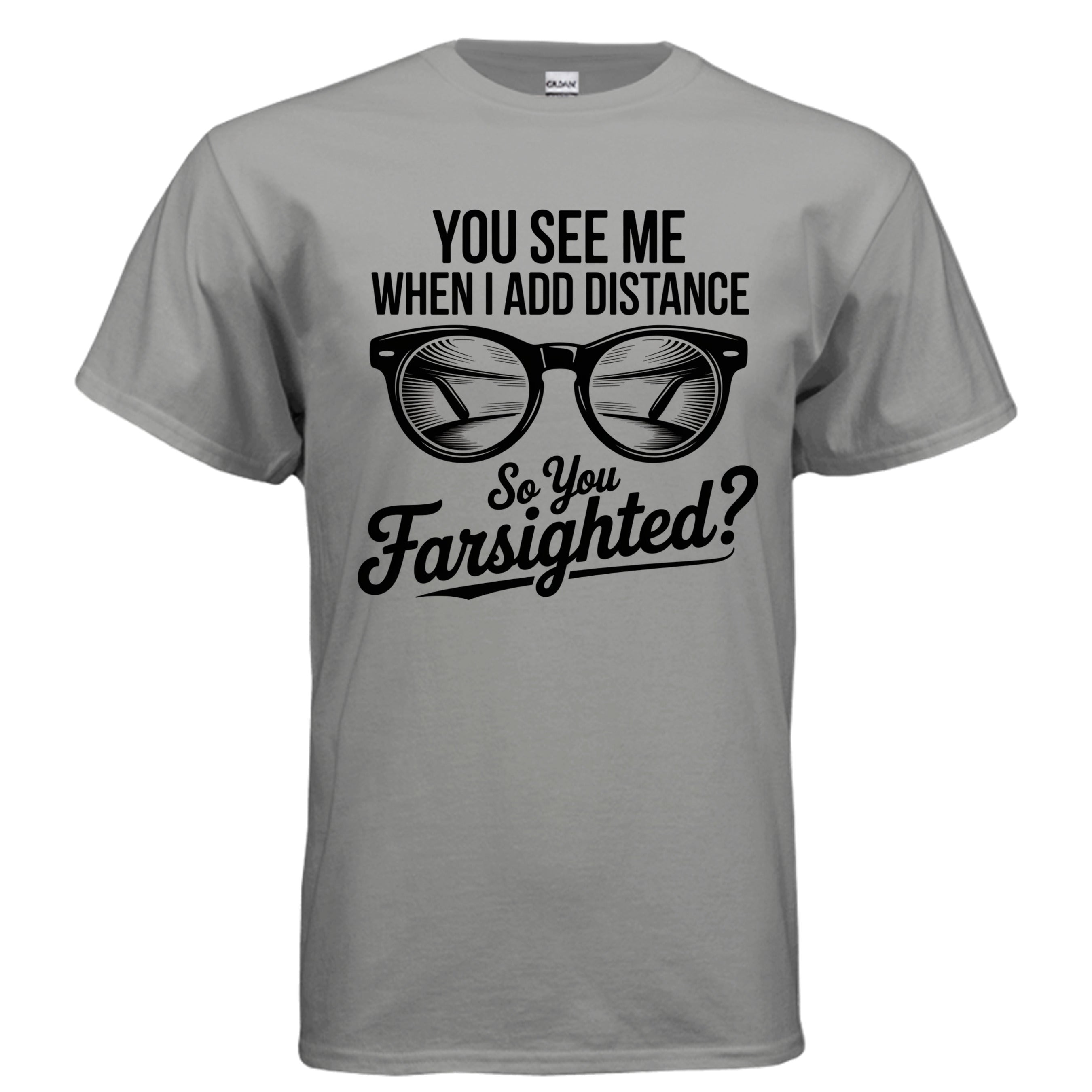 Gray t-shirt with black text and glasses graphic on a white background