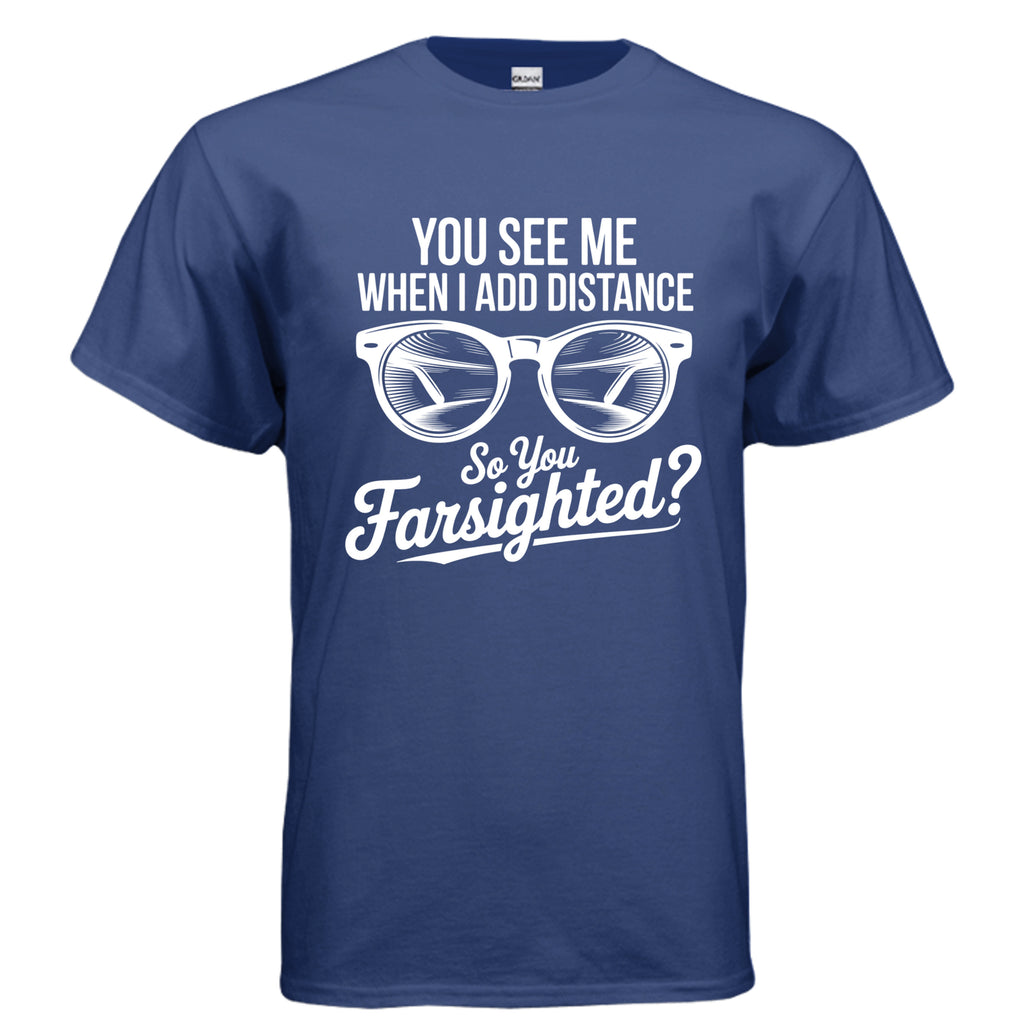 Blue t-shirt with white text and graphic of glasses on a white background