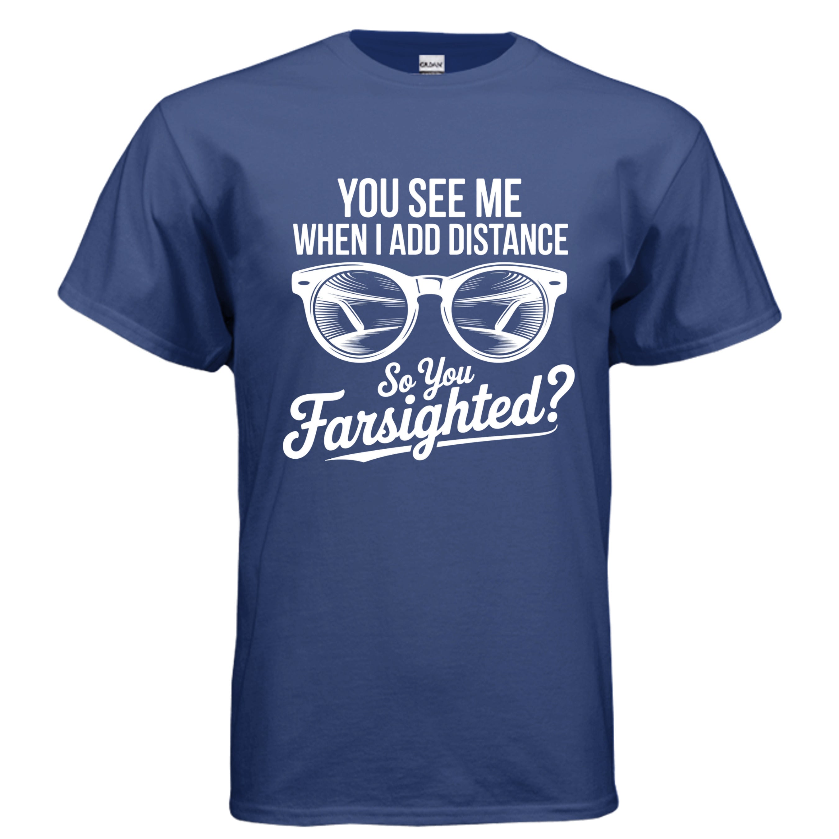 Blue t-shirt with white text and graphic of glasses on a white background