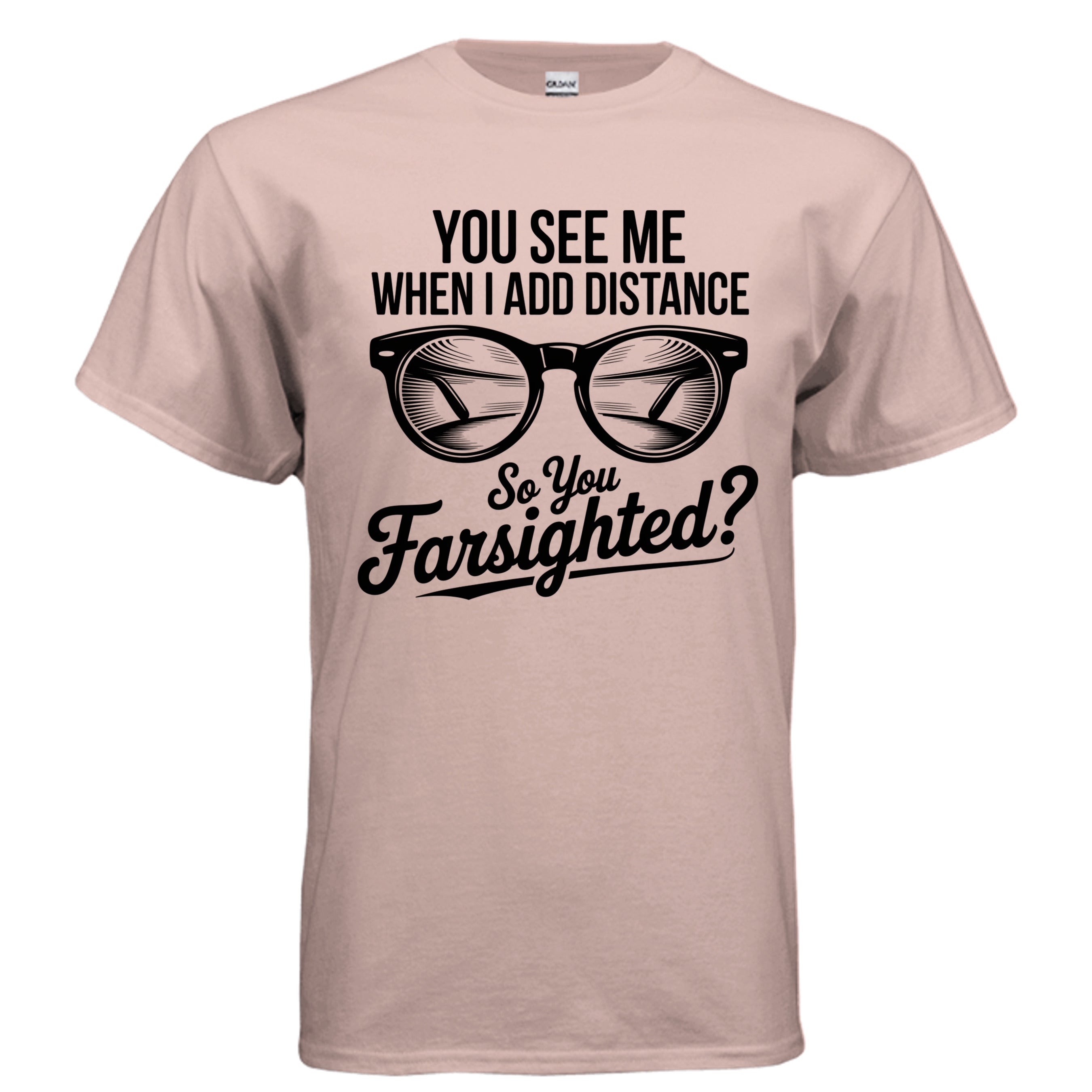 Pink t-shirt with black text and glasses graphic on a white background