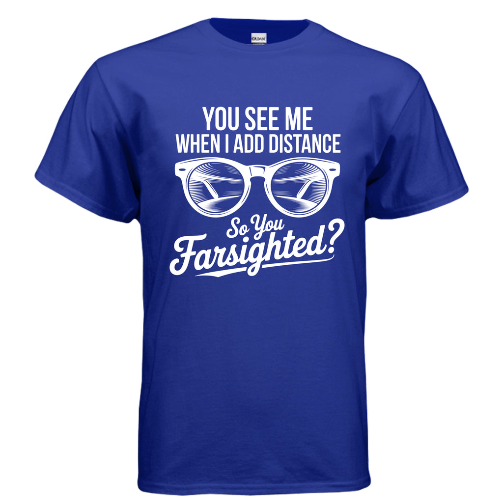 Blue t-shirt with white text and graphic of glasses on a white background