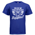 Blue t-shirt with white text and graphic of glasses on a white background