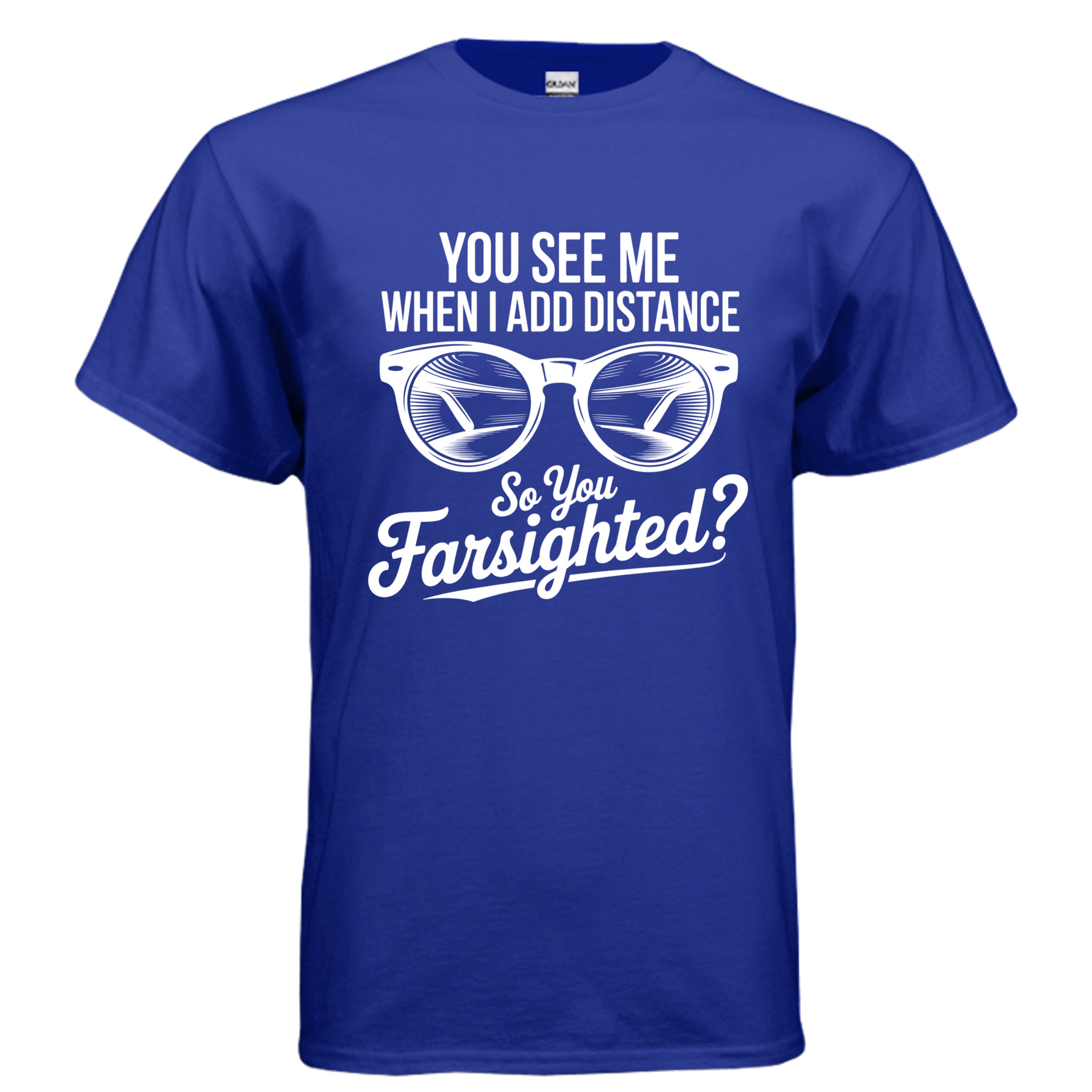 Blue t-shirt with white text and graphic of glasses on a white background