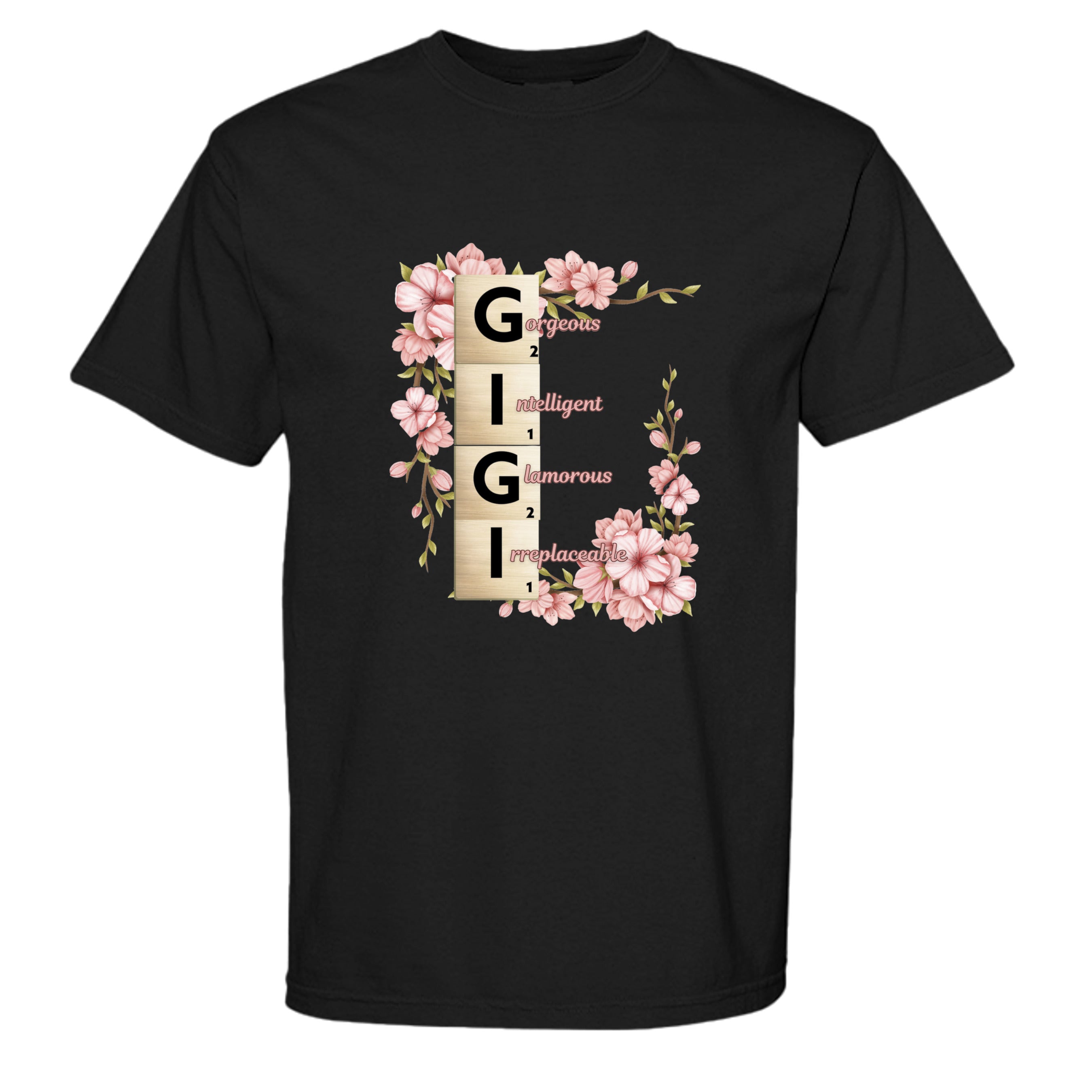 Black t-shirt with floral design and text on a white background