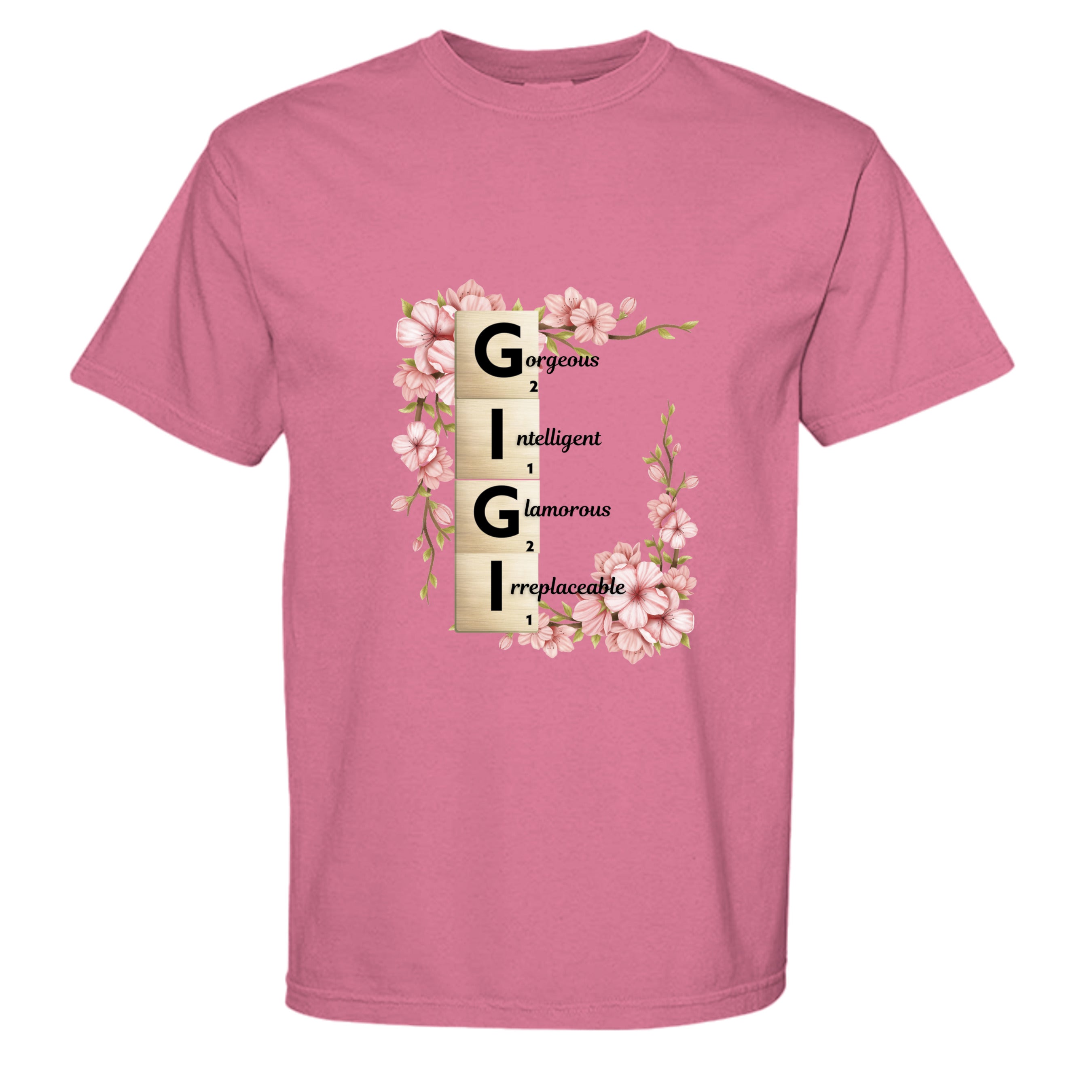 Pink t-shirt with decorative text and flowers on a white background