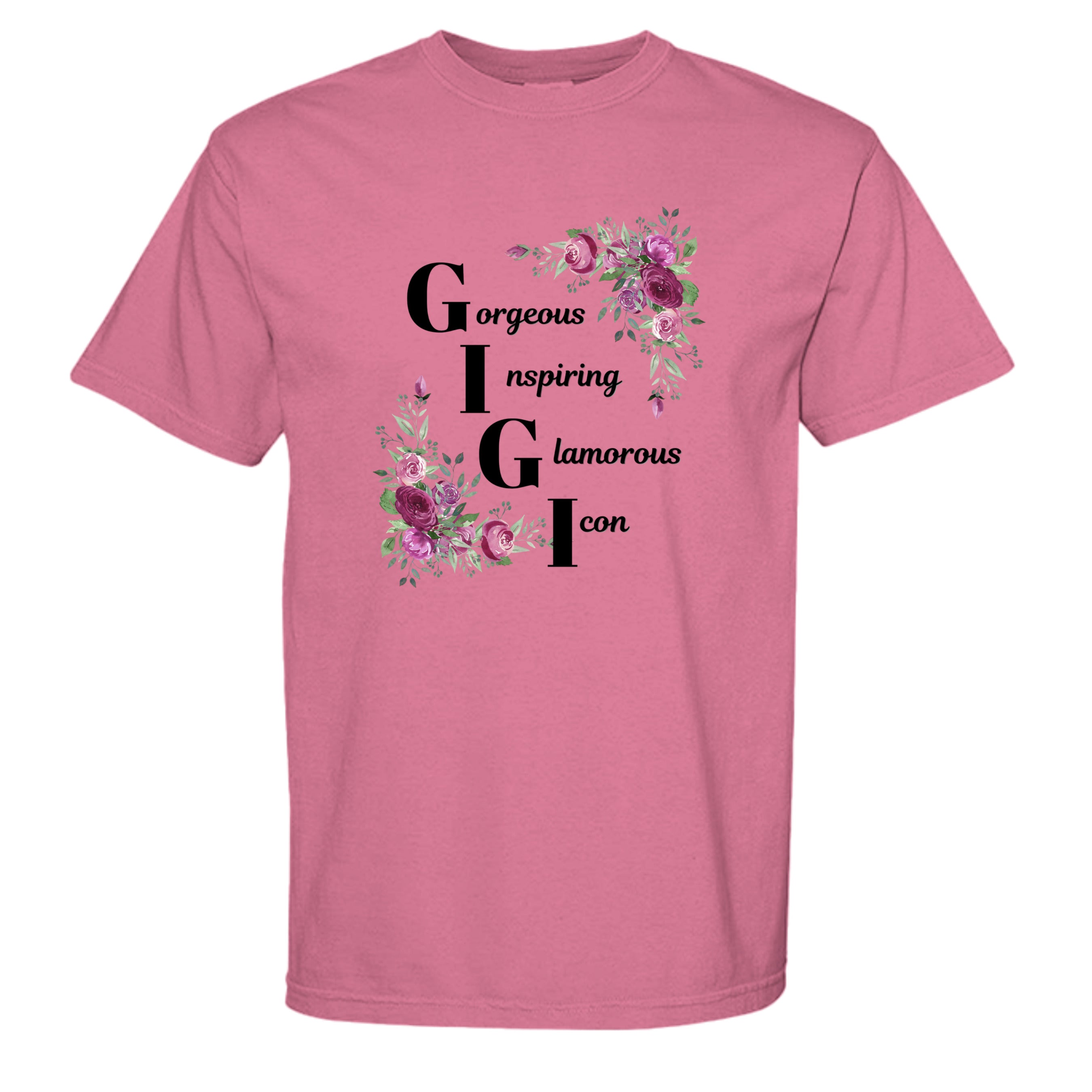 Pink t-shirt with floral design and text on a white background