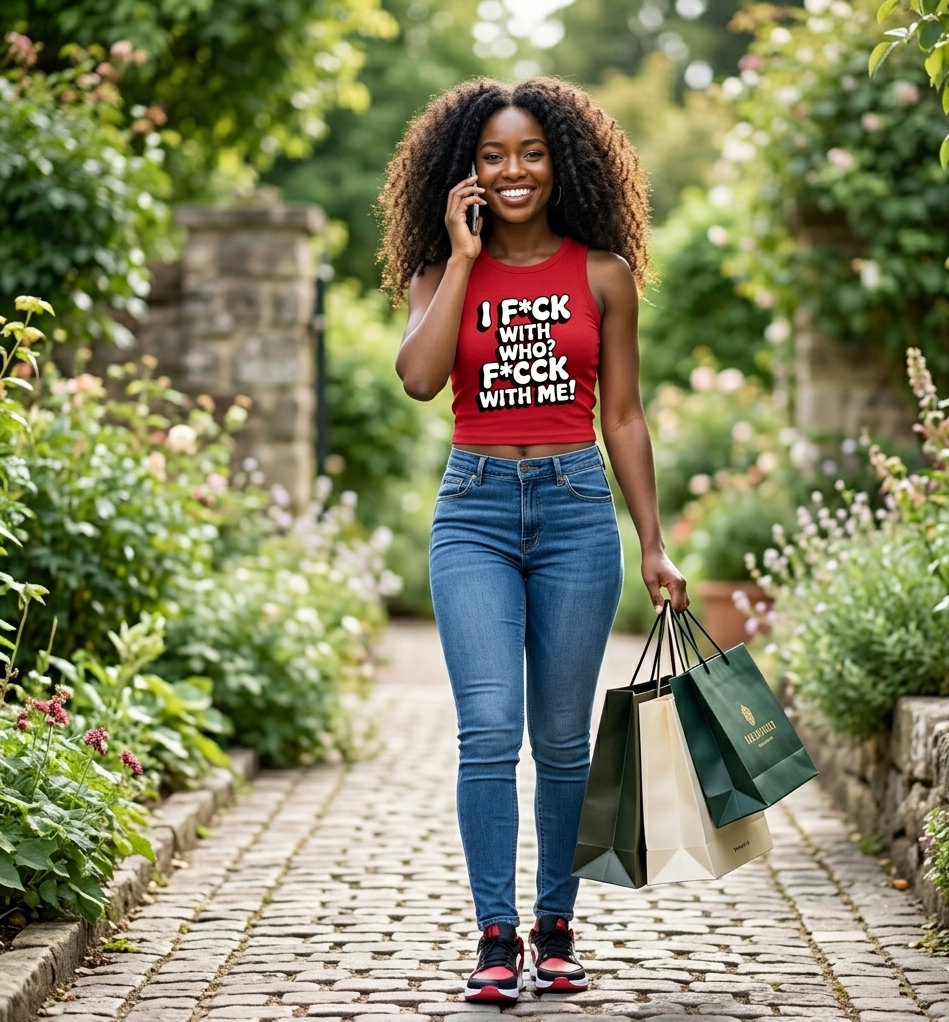 Woman in a garden wearing a red shirt with text and blue jeans, holding shopping bags and talking on a phone.
