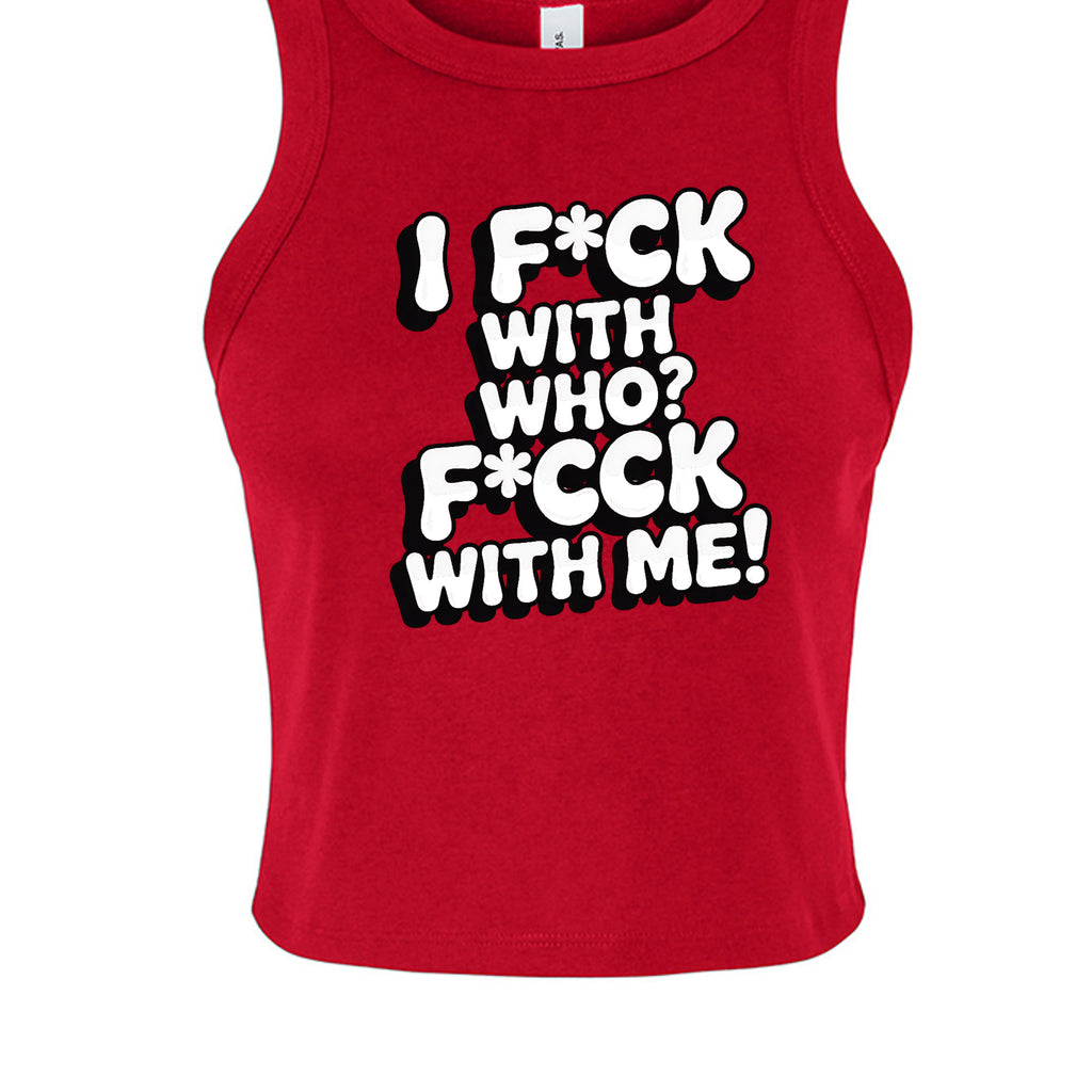 Red tank top with graphic text design on a white background