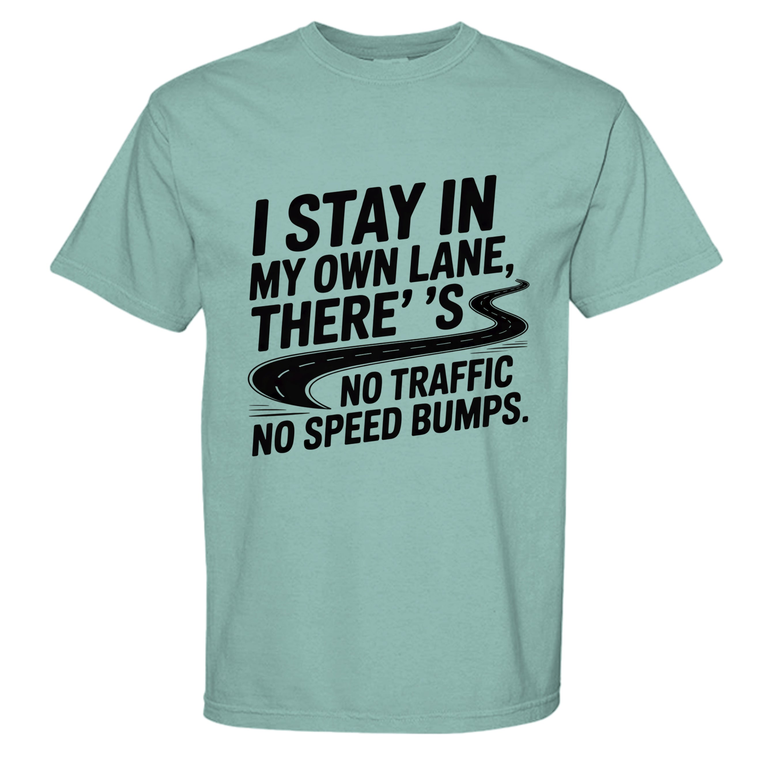 Light blue t-shirt with black text and road graphic on a white background
