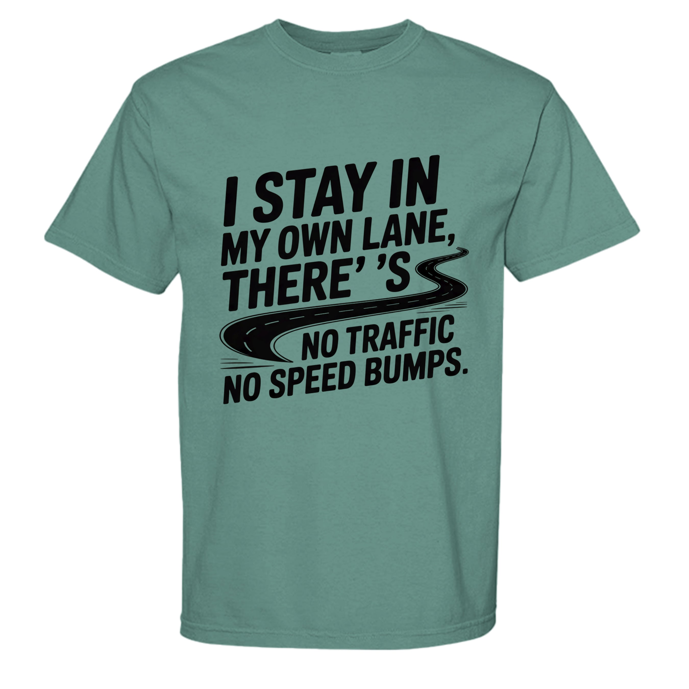 Teal t-shirt with black text and road graphic on a white background