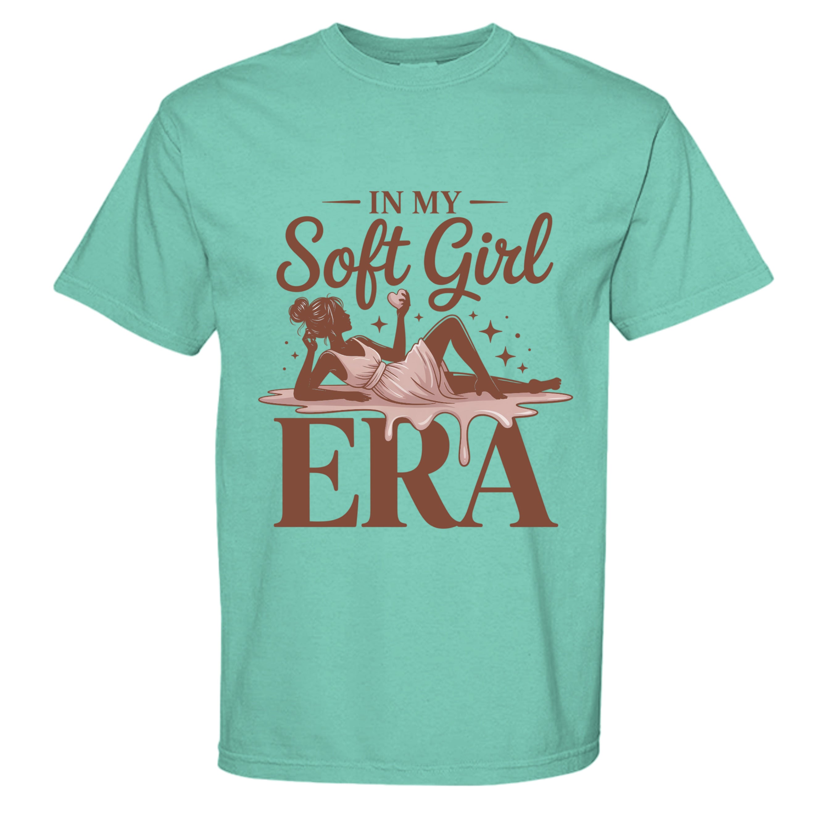 Mint green t-shirt with graphic design and text on a white background