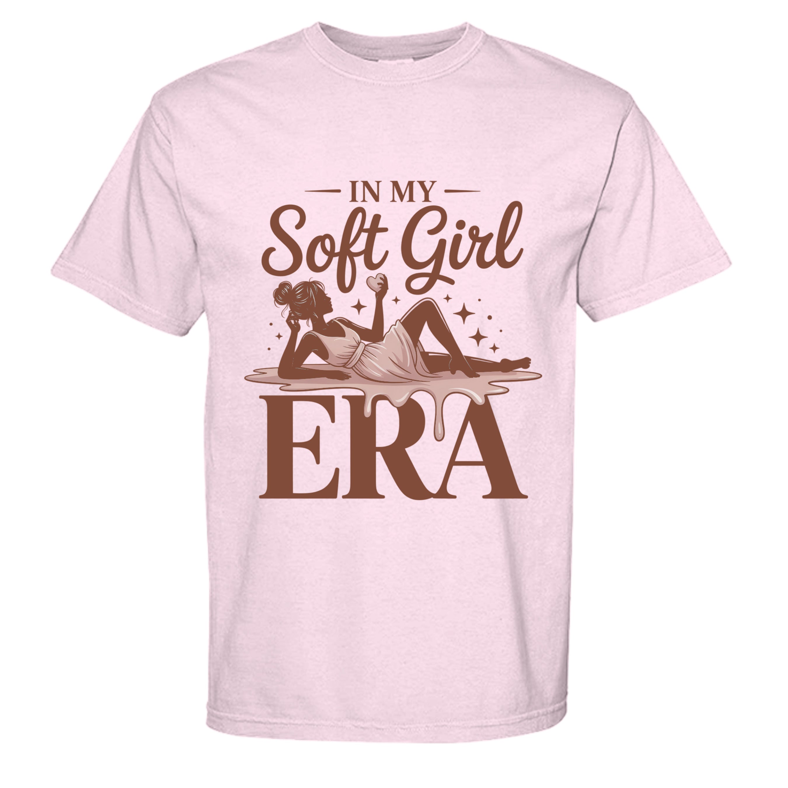 Pink t-shirt with 'In My Soft Girl Era' graphic design on a white background