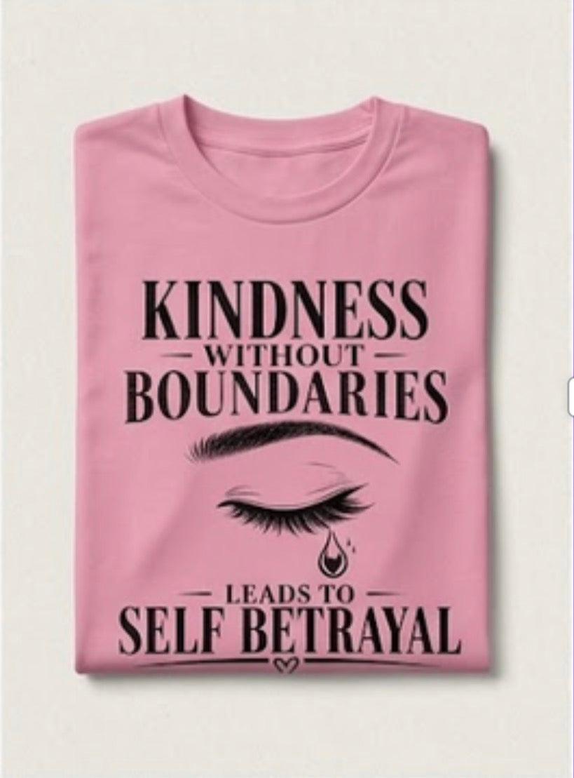 Pink t-shirt with black text and an eye graphic on a light gray background
