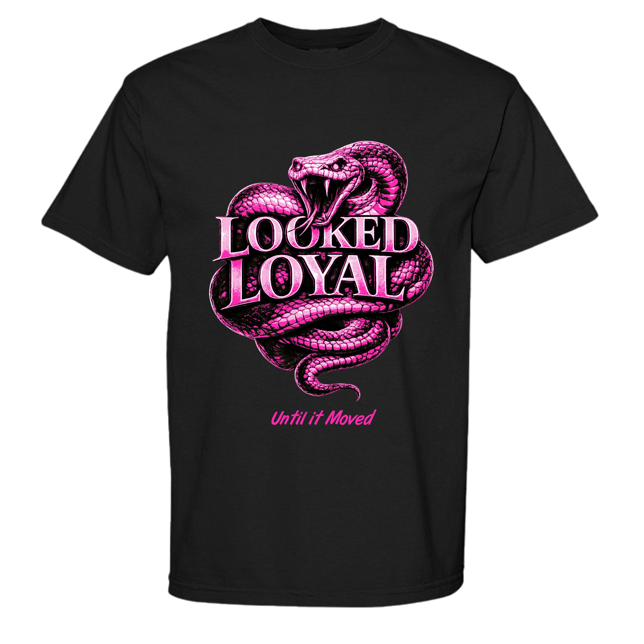 Black t-shirt with pink snake graphic and text on a white background