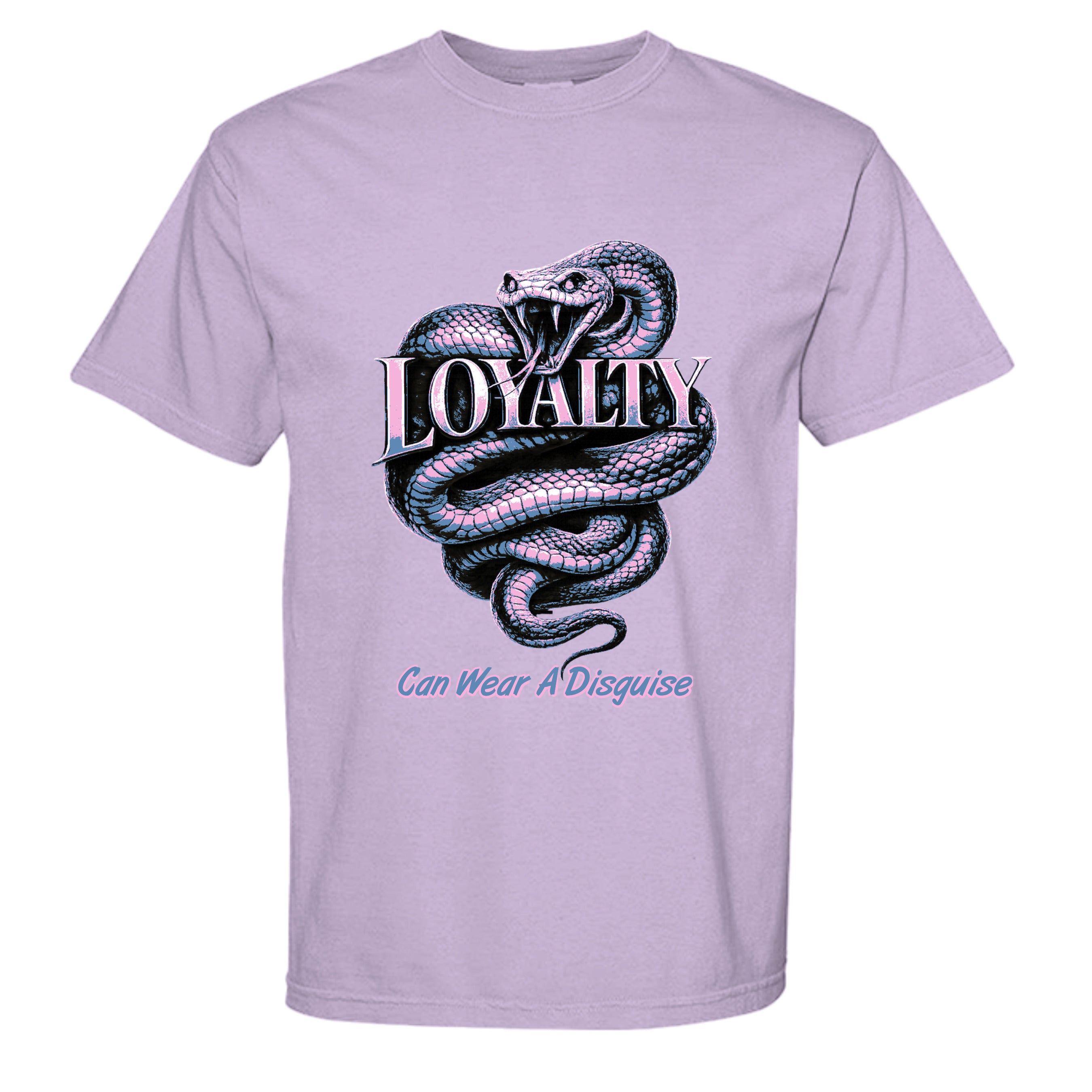 Lavender t-shirt with a snake graphic and text on a white background