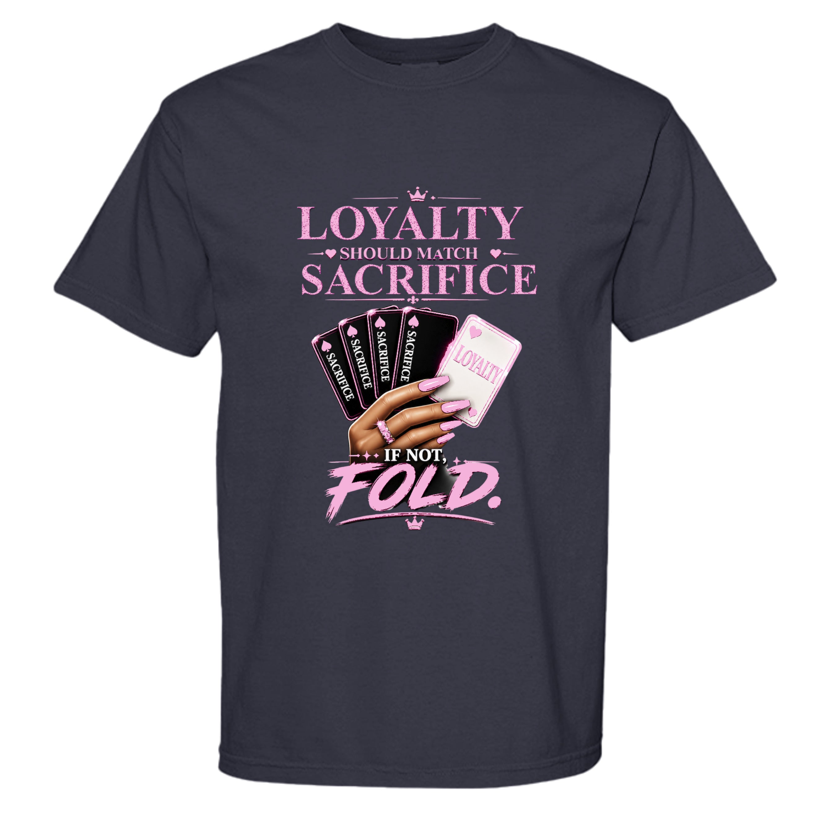 Navy blue t-shirt with pink graphic and text on a white background