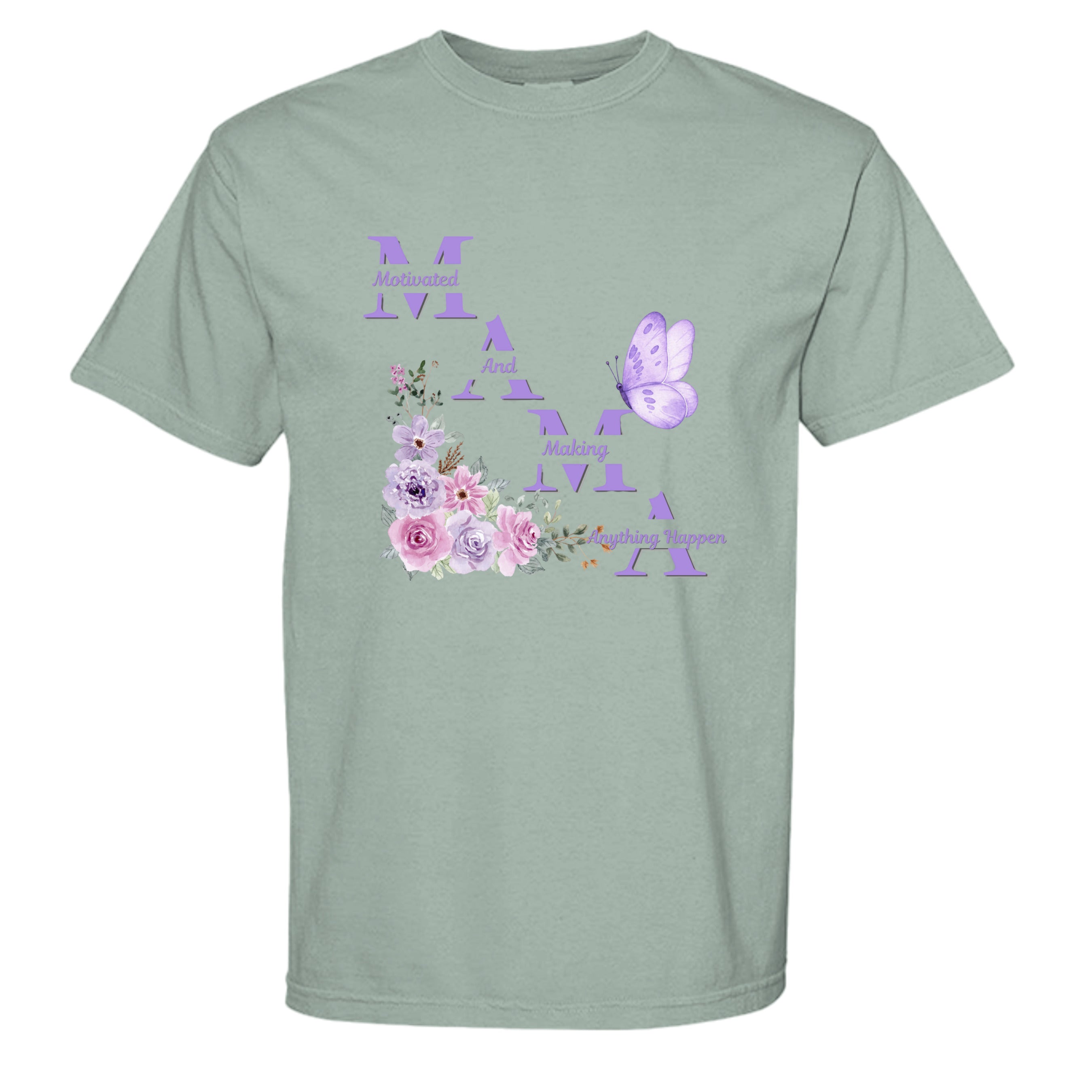 Light green t-shirt with floral and butterfly design on a white background