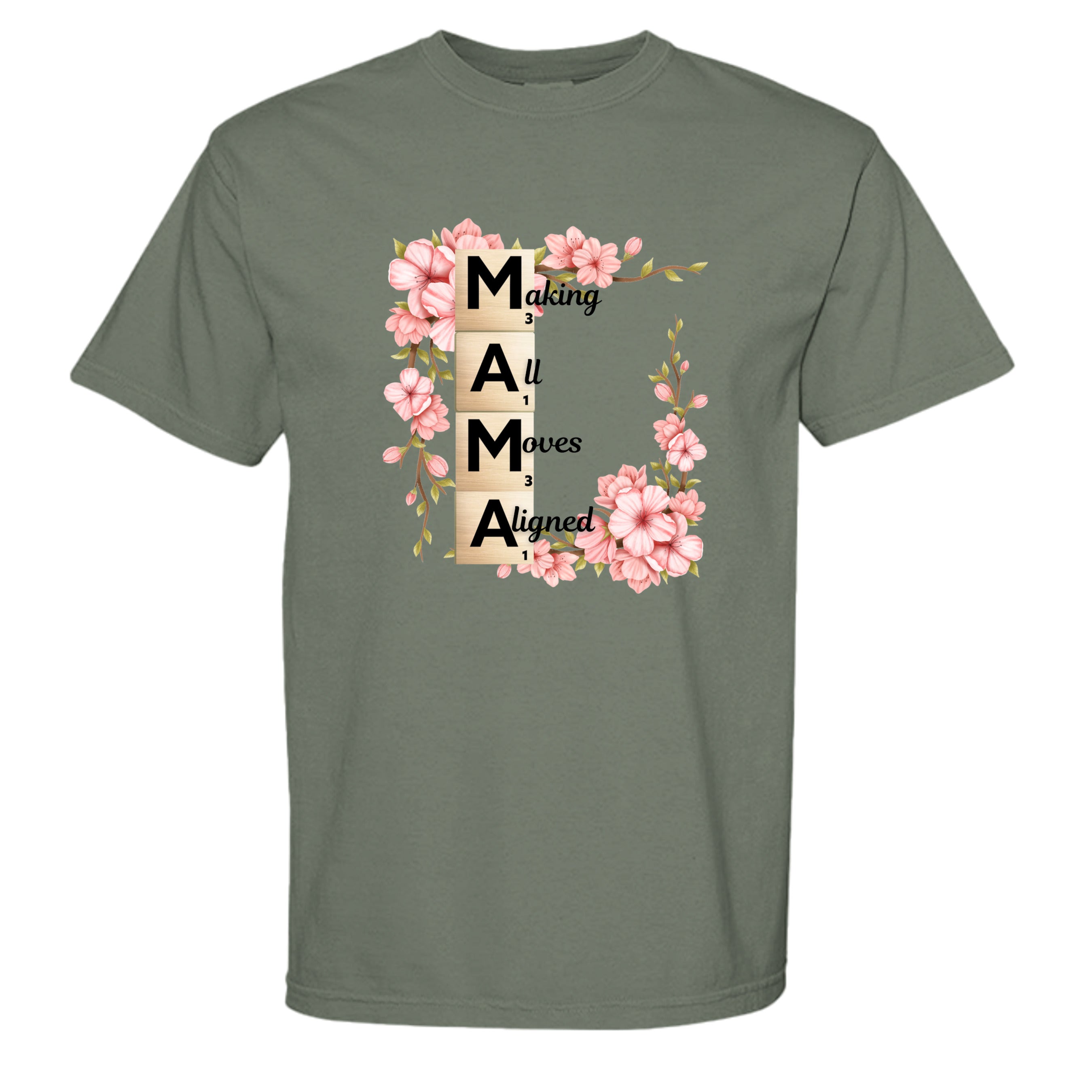 Green t-shirt with floral and text design on a white background