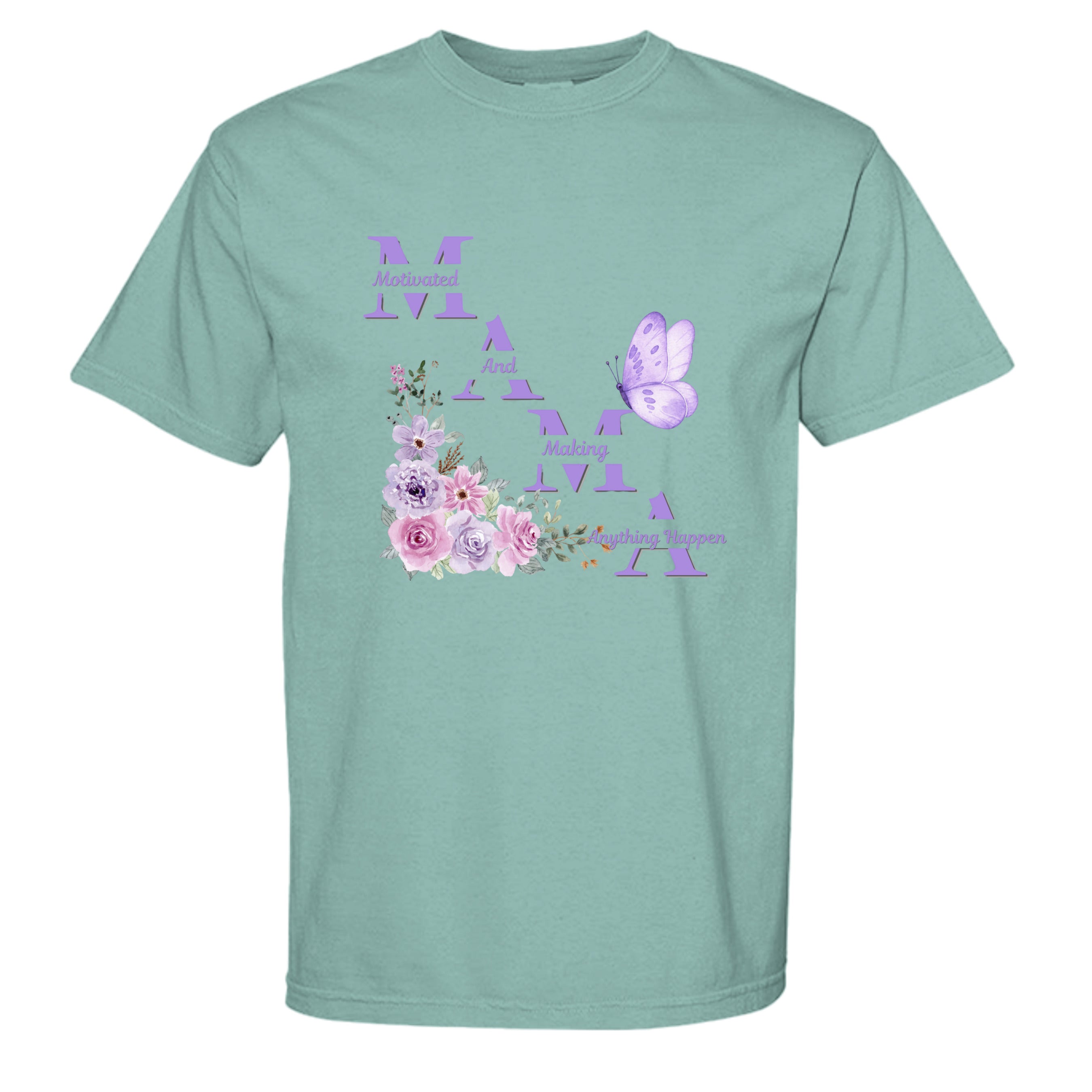Mint green t-shirt with floral and butterfly design on a white background