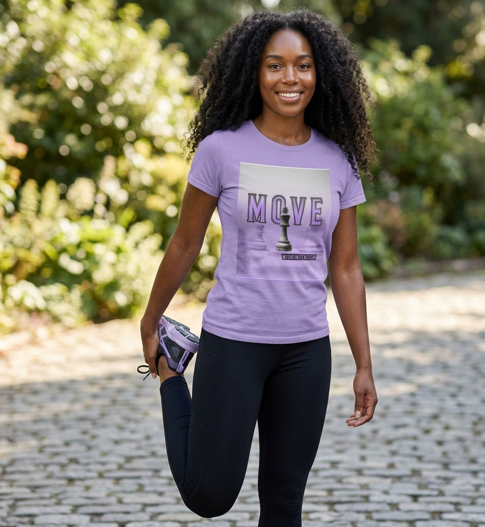 Woman wearing a purple 'MOVE' t-shirt outdoors on a sunny day.