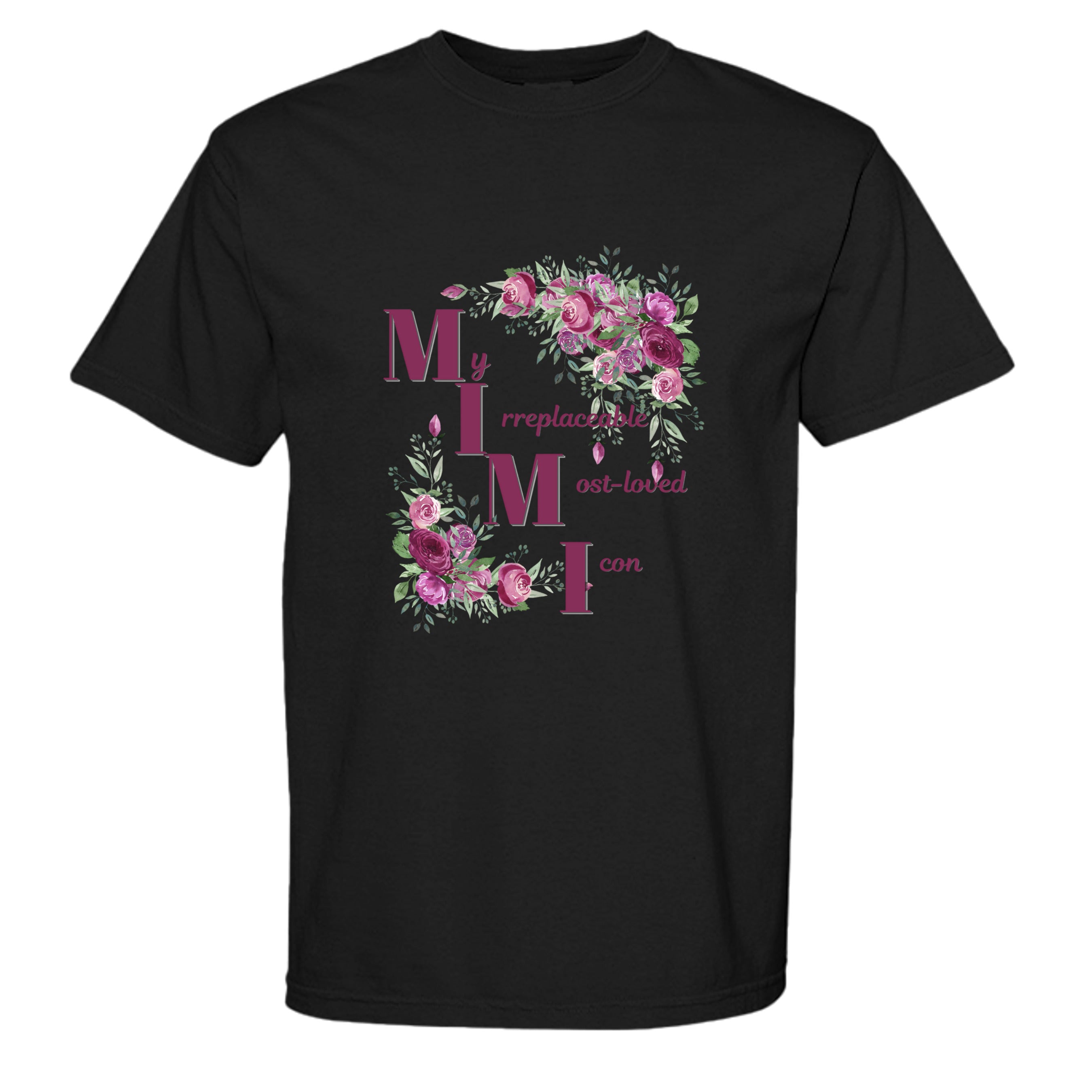 Black t-shirt with floral design and text on a white background
