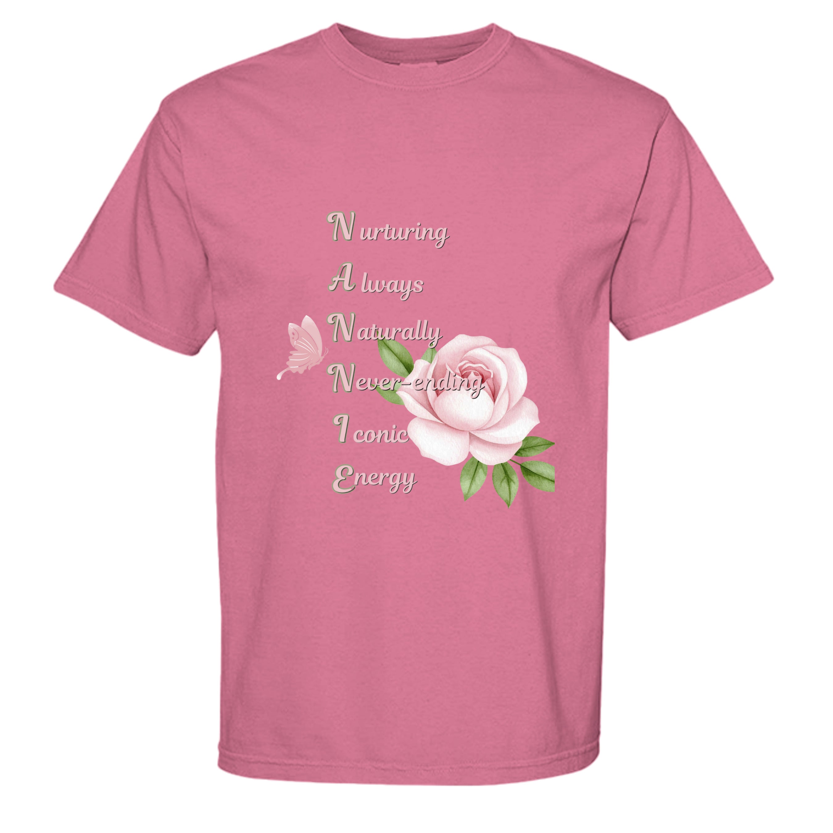 Pink t-shirt with floral design and text on a white background