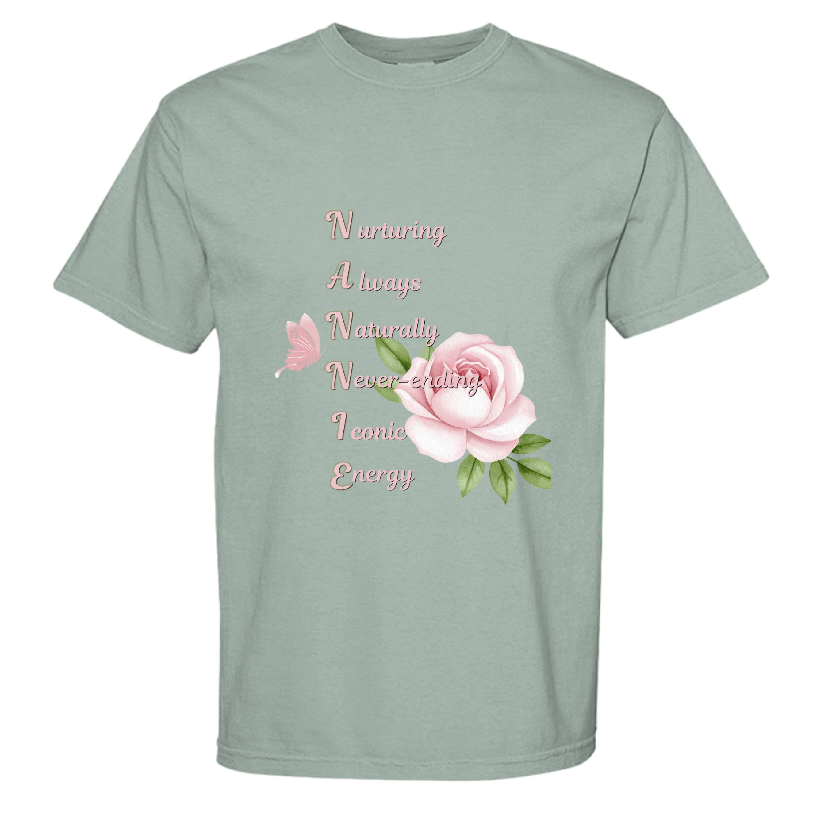 Green t-shirt with pink floral design and text on a white background