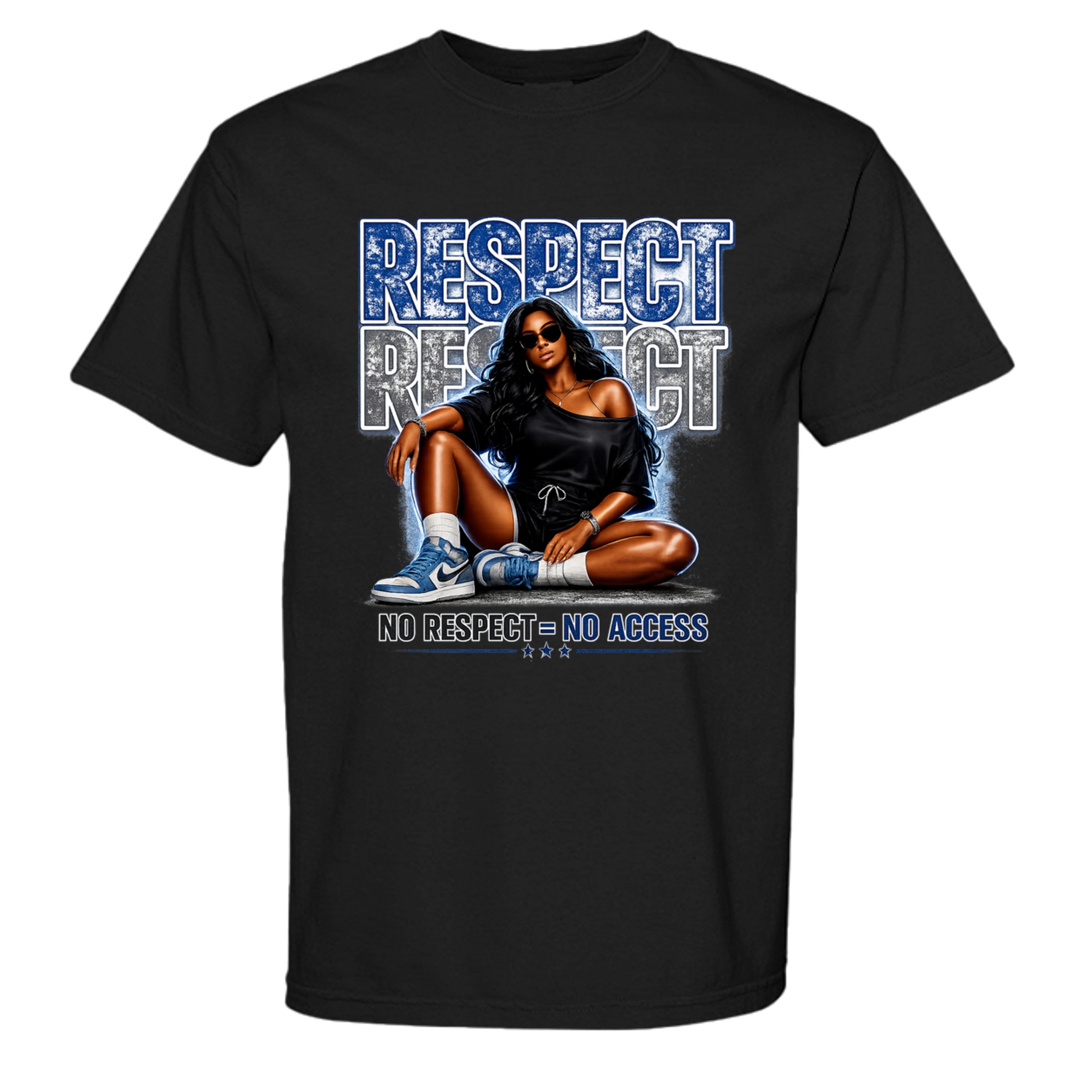 Black t-shirt with graphic design of a woman and text 'RESPECT NO RESPECT NO ACCESS' on a white background