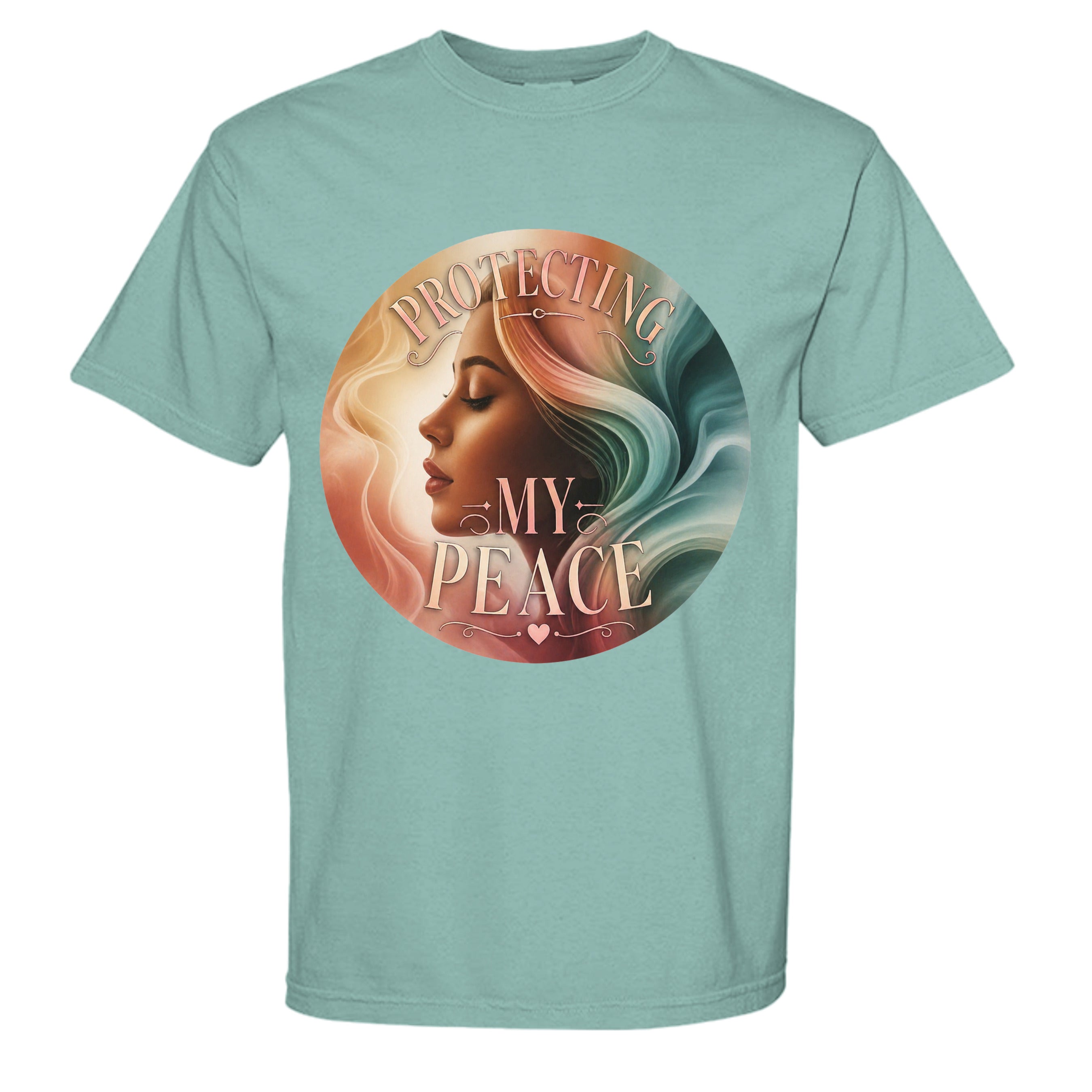 Light blue t-shirt with a graphic design of a woman's face and 'Protecting My Peace' text on a white background.