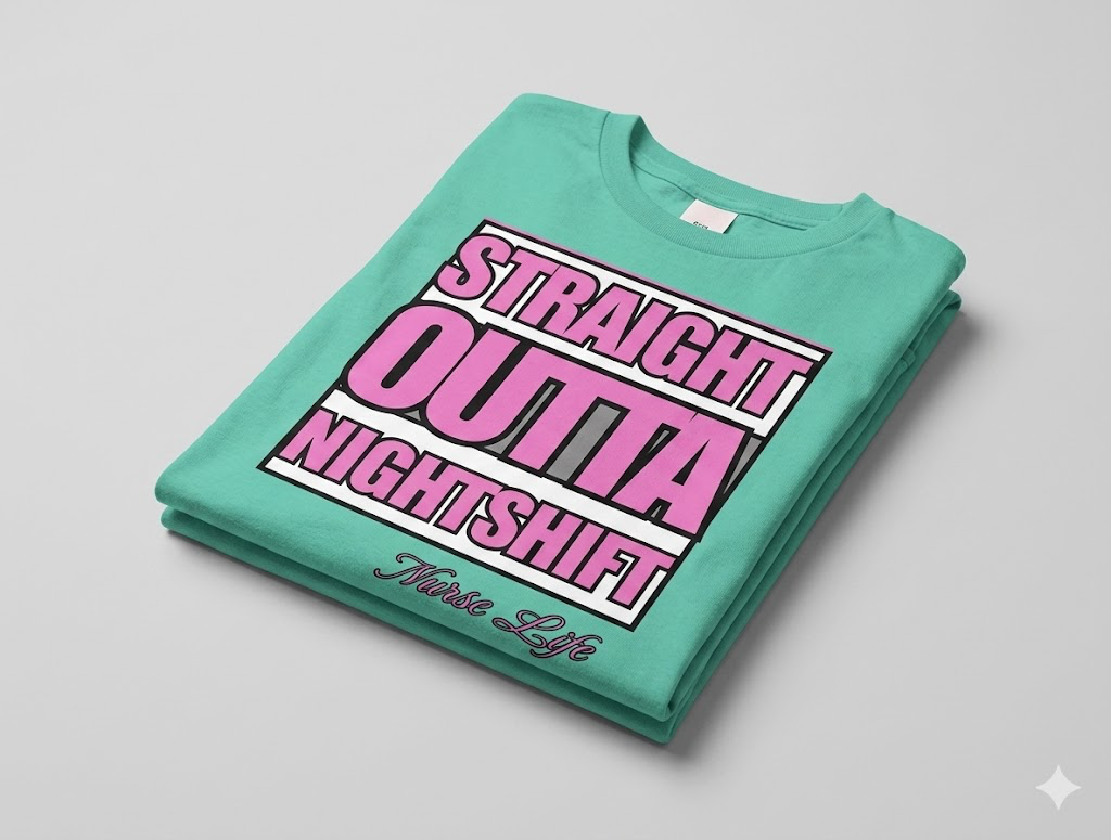 Folded teal t-shirt with pink and white text on a light gray background