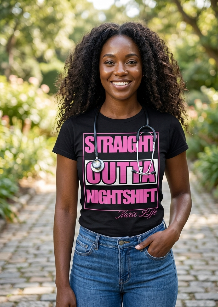 Woman wearing a black t-shirt with pink and white text, standing outdoors.