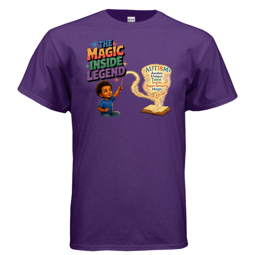 Purple t-shirt with a graphic of a child and text about autism on a white background