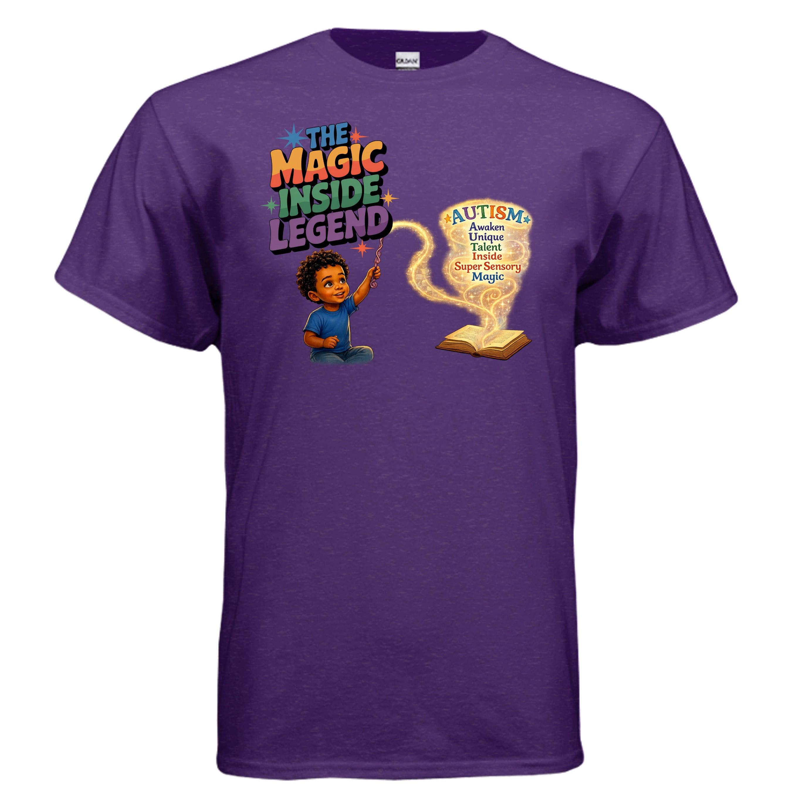 Purple t-shirt with a graphic of a child and text about autism on a white background