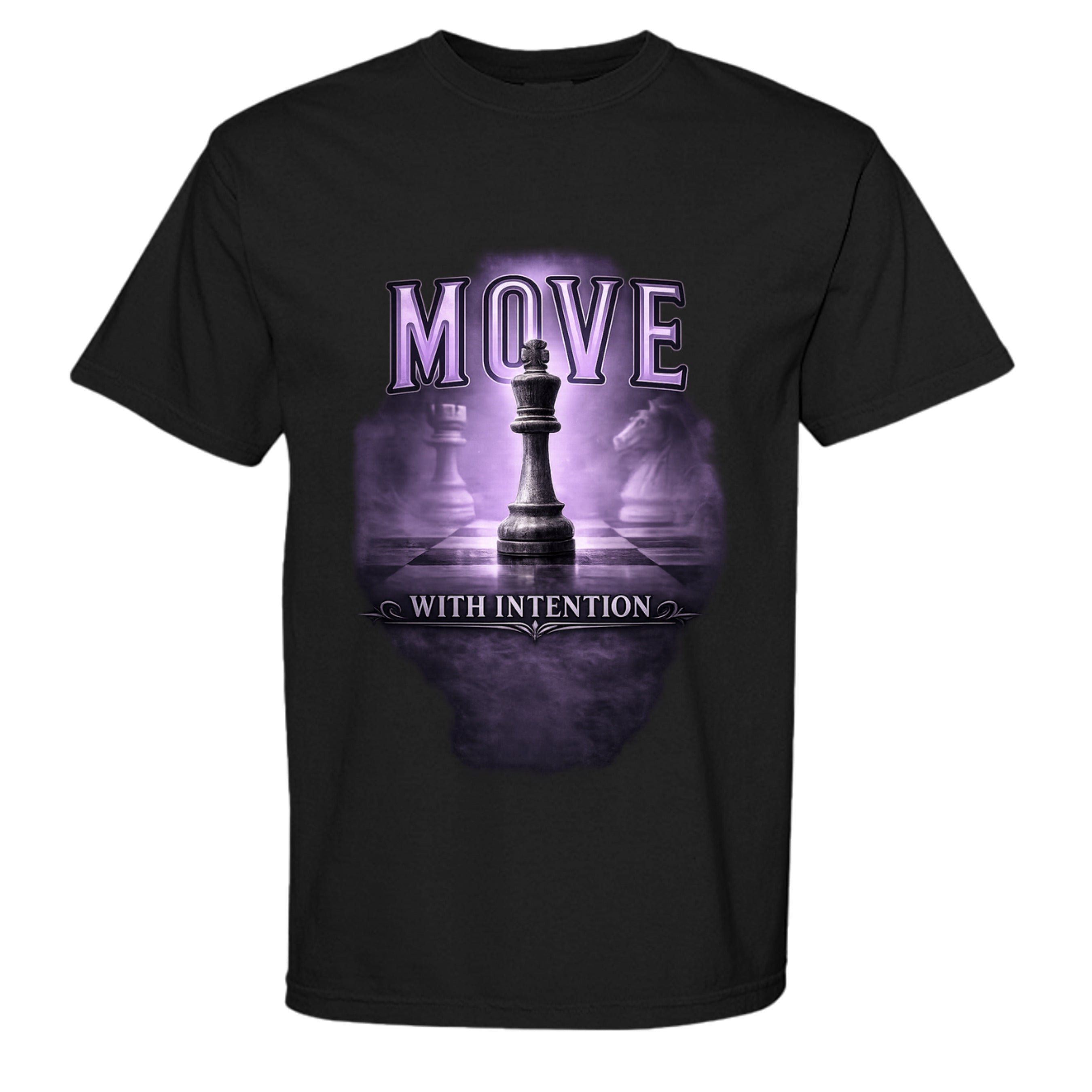 Black t-shirt with a purple chess-themed graphic and text on a white background