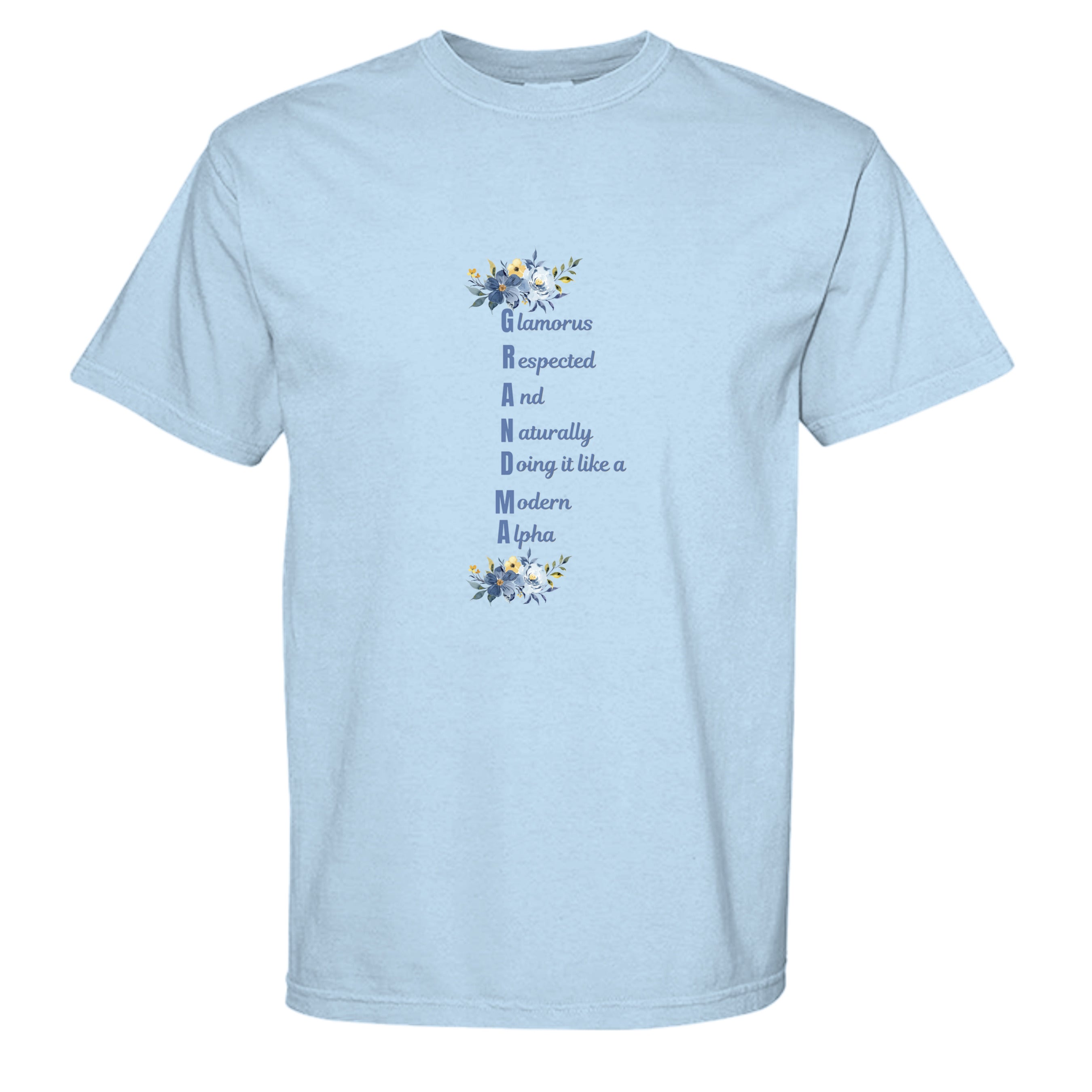 Light blue t-shirt with floral designs and text on a white background