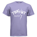 Purple t-shirt with white text design on a white background