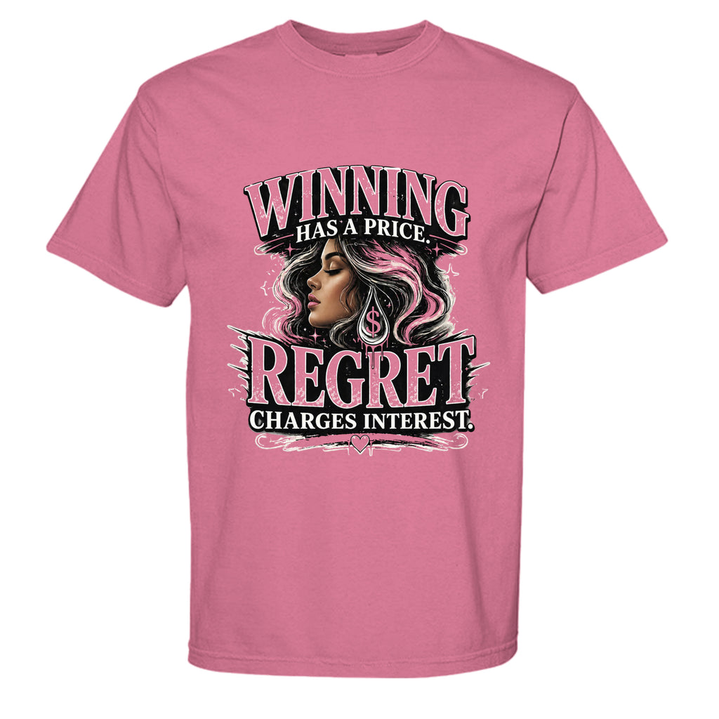 Pink t-shirt with motivational quote and graphic design on a white background