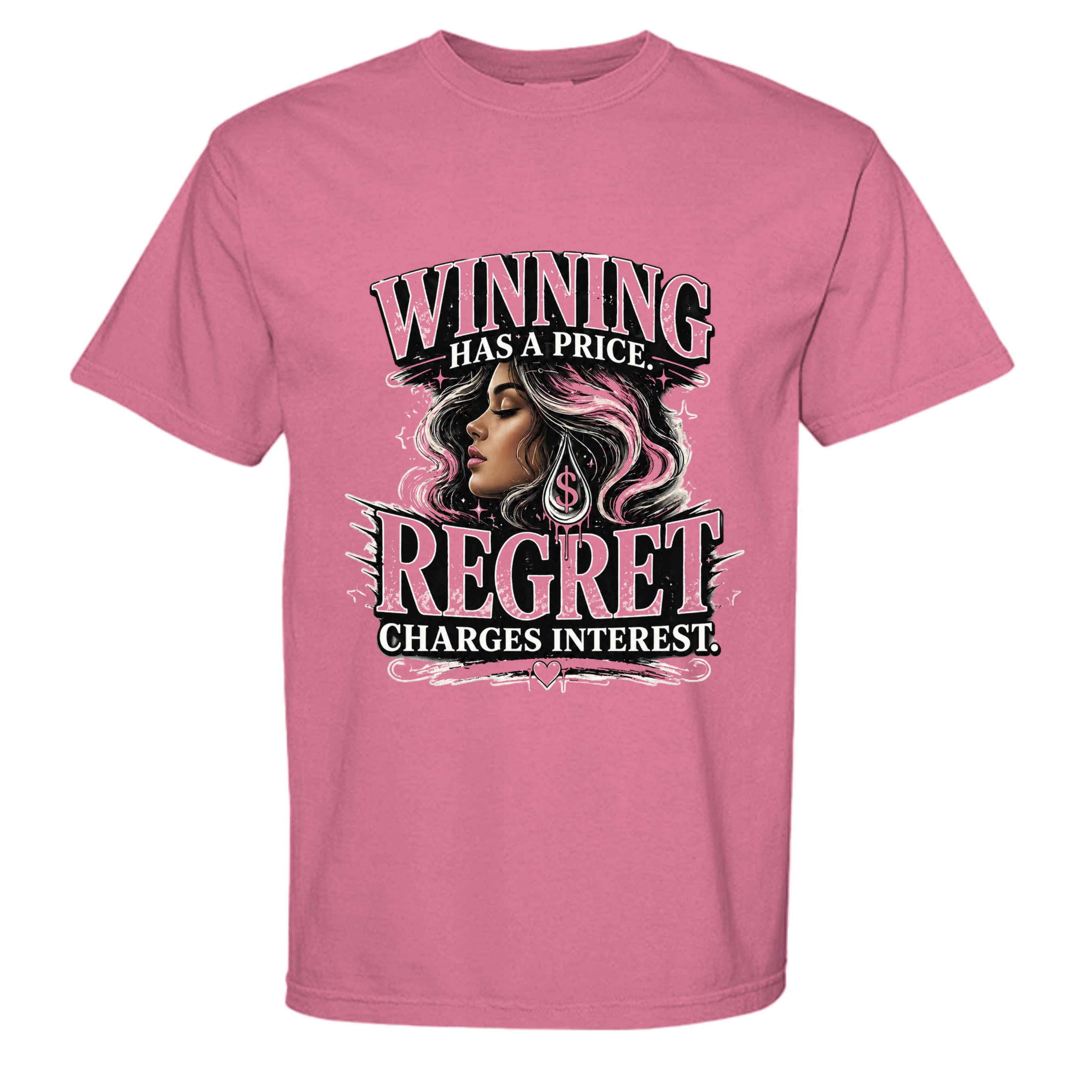 Pink t-shirt with motivational quote and graphic design on a white background
