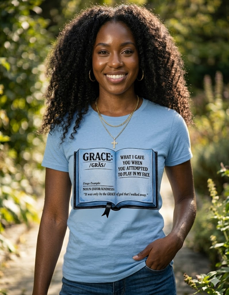 Woman wearing a blue t-shirt with a graphic design outdoors