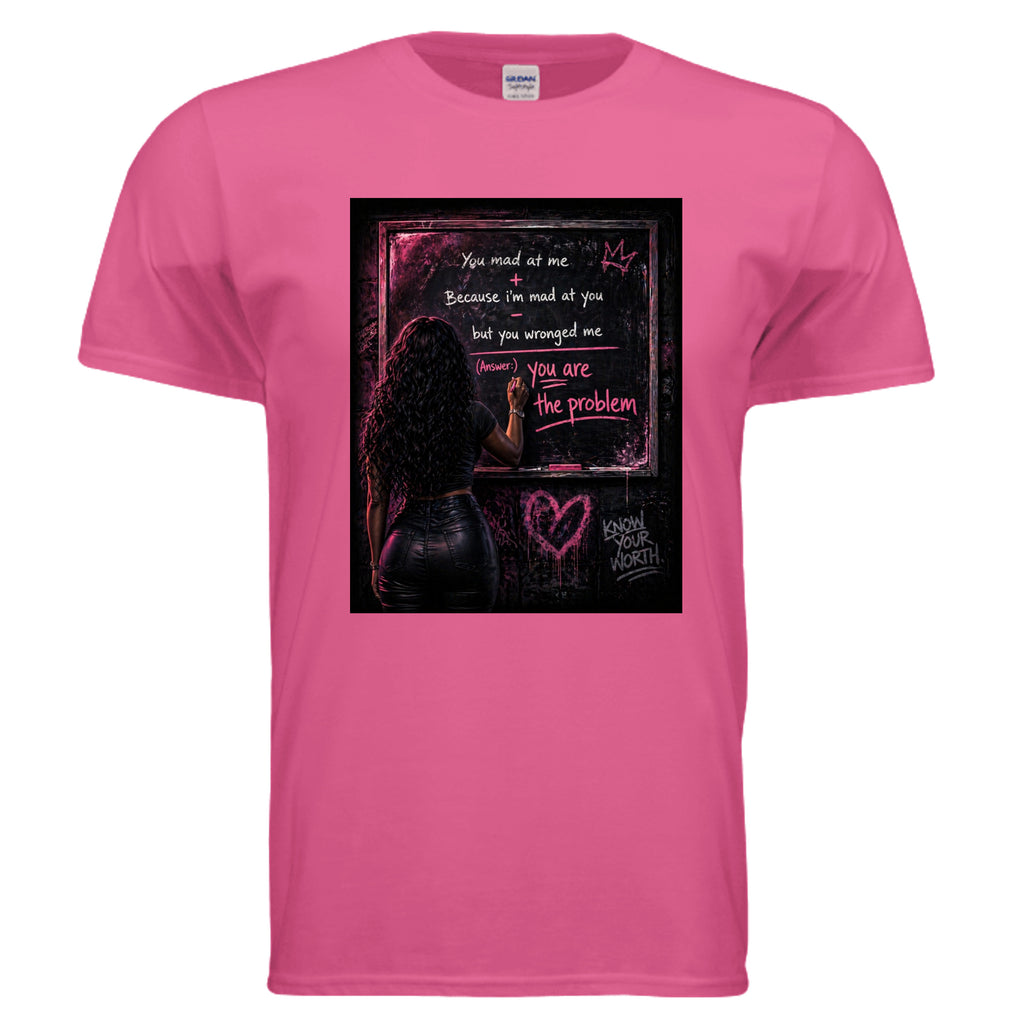 Pink t-shirt with a graphic design on a white background