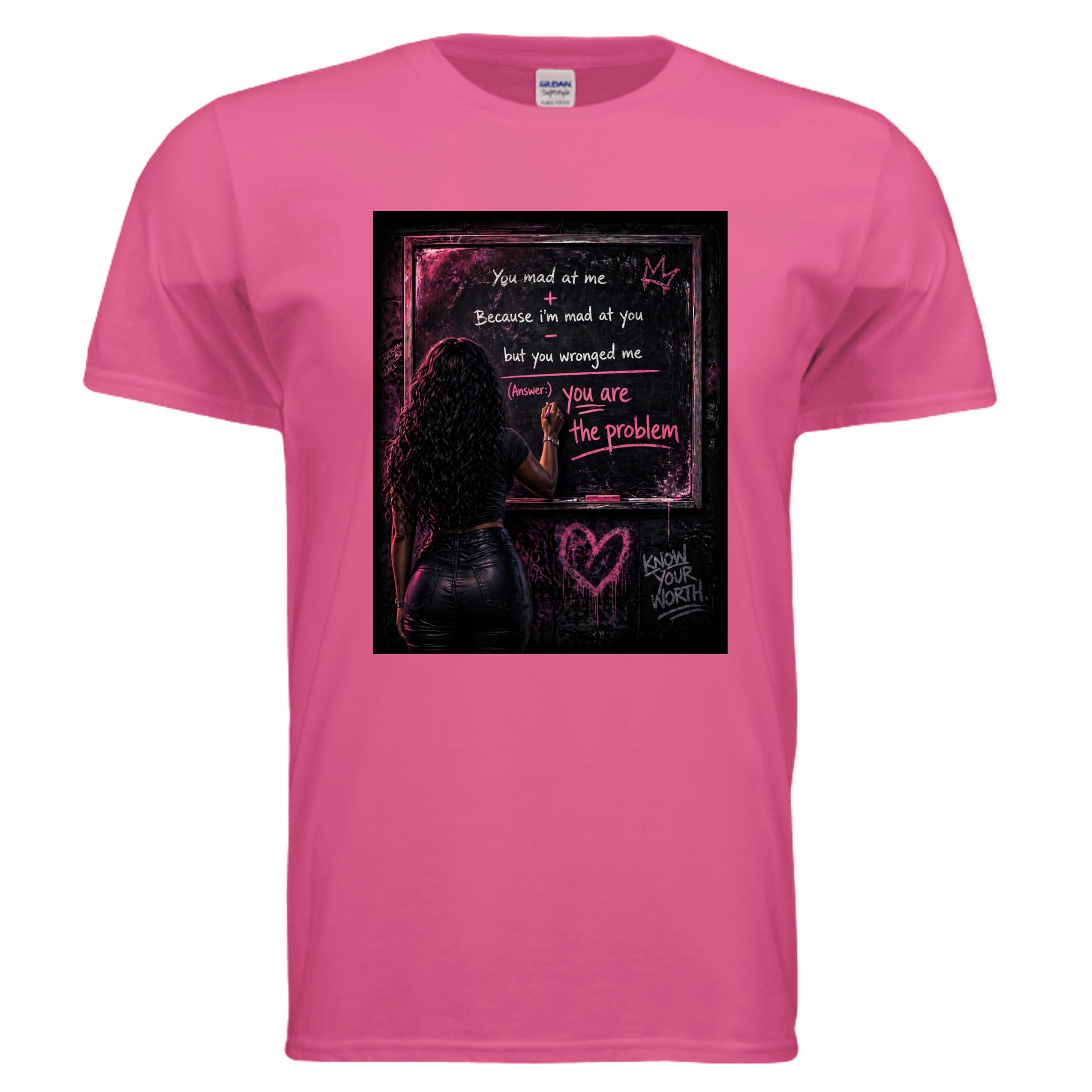 Pink t-shirt with a graphic design on a white background