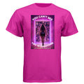 Pink t-shirt with a graphic design and text on a white background