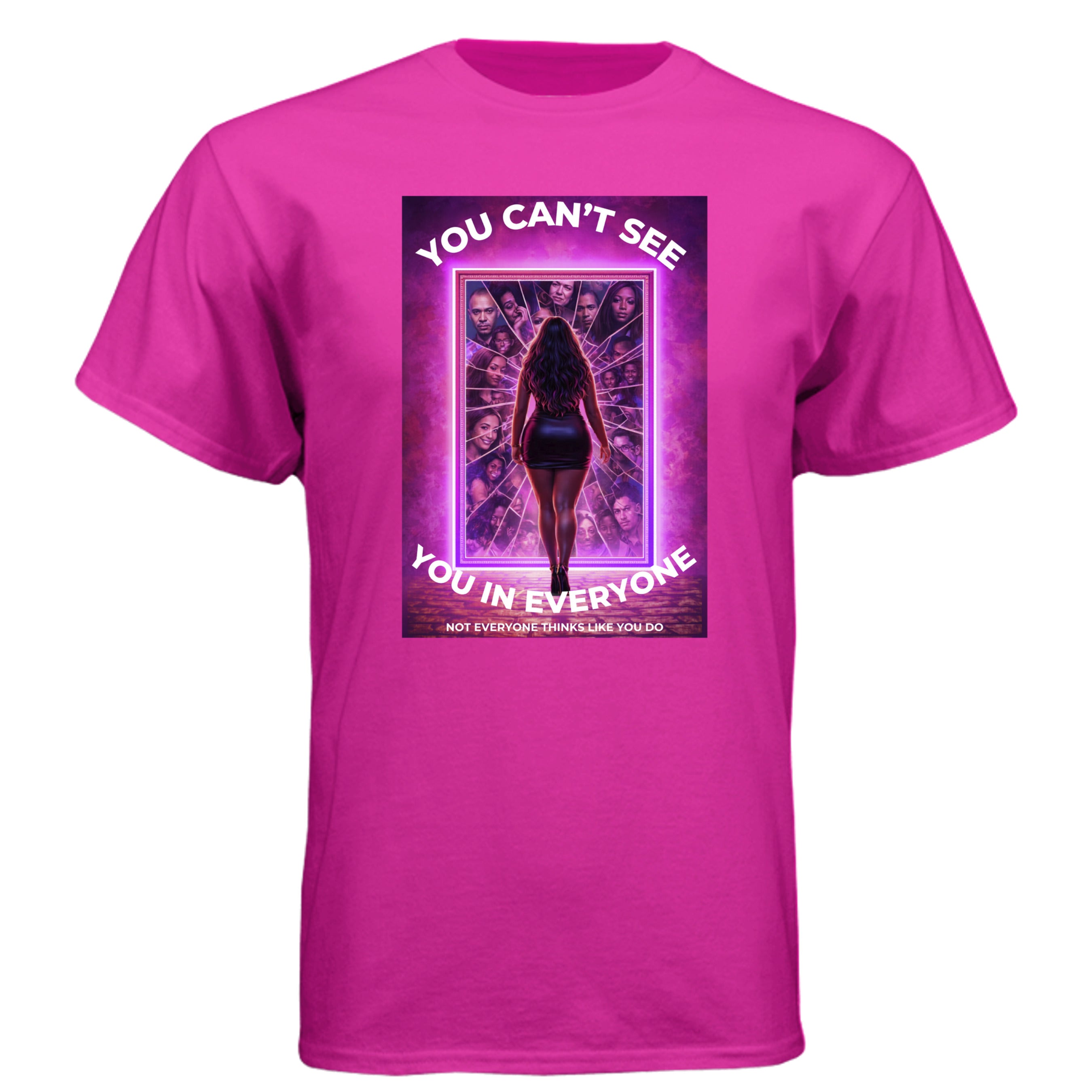 Pink t-shirt with a graphic design and text on a white background