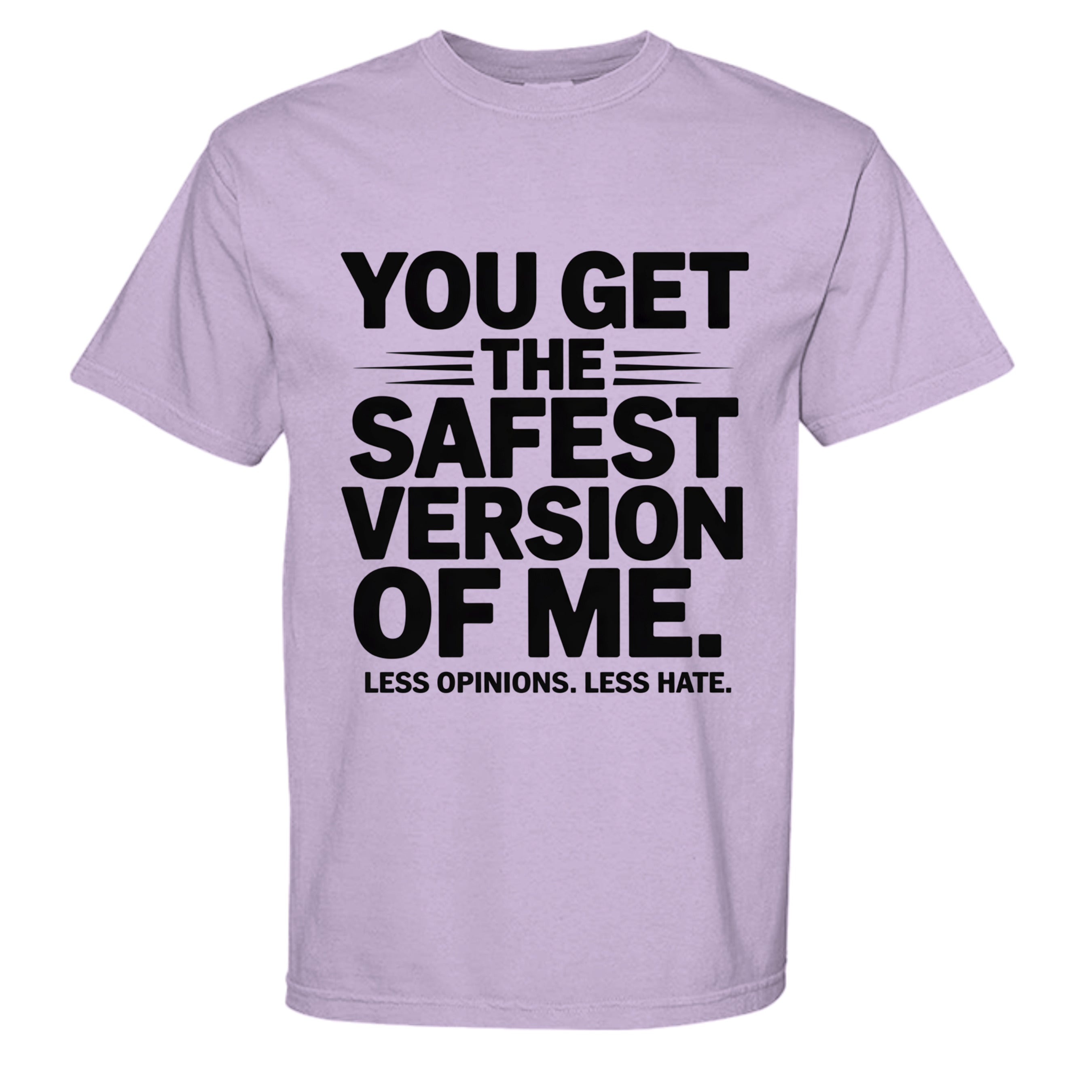 Light purple t-shirt with black text on a white background